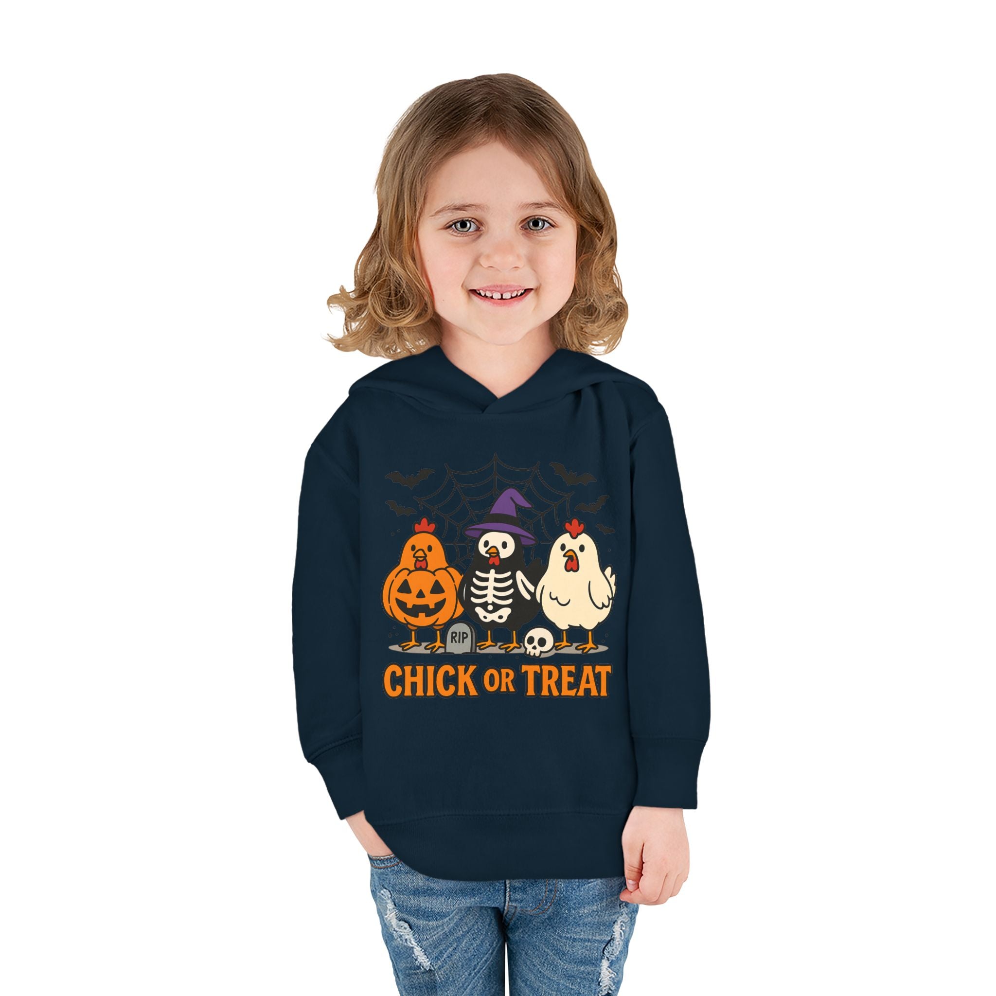 Toddler Halloween Pullover Hoodie – "Chick or Treat" Pumpkin Skeleton Chicken Kids Fleece