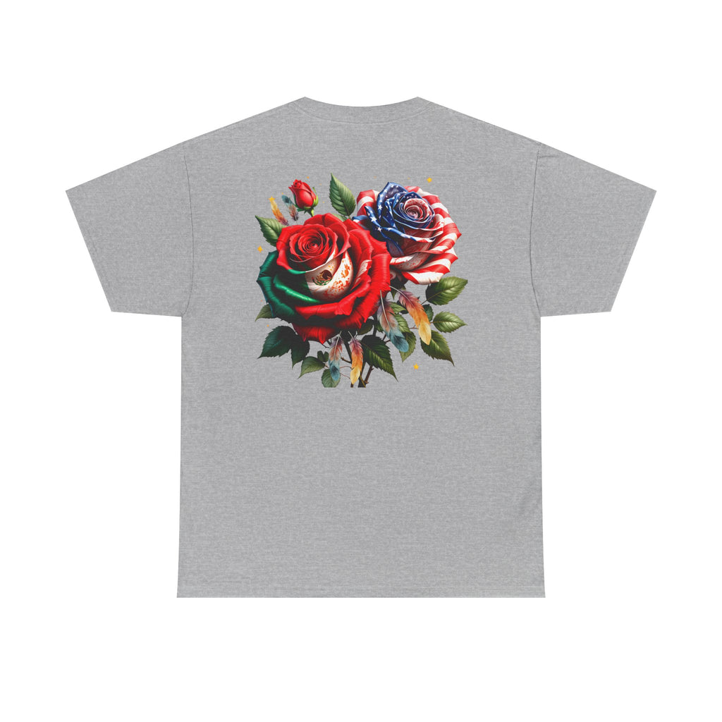 American & Italian Flag Tee with Vintage Rose Back — Patriotic Floral T-Shirt