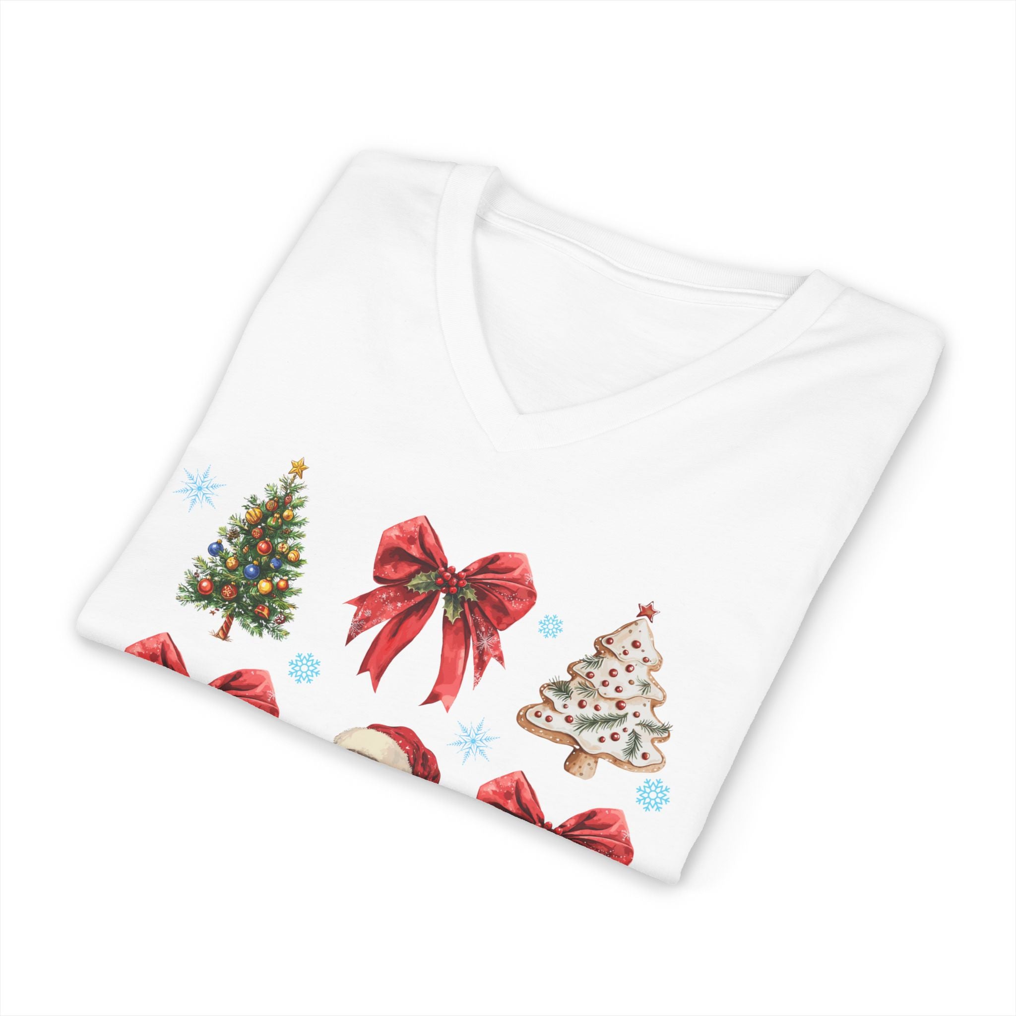 Christmas Icons V-Neck Tee — Santa, Trees & Holiday Bows