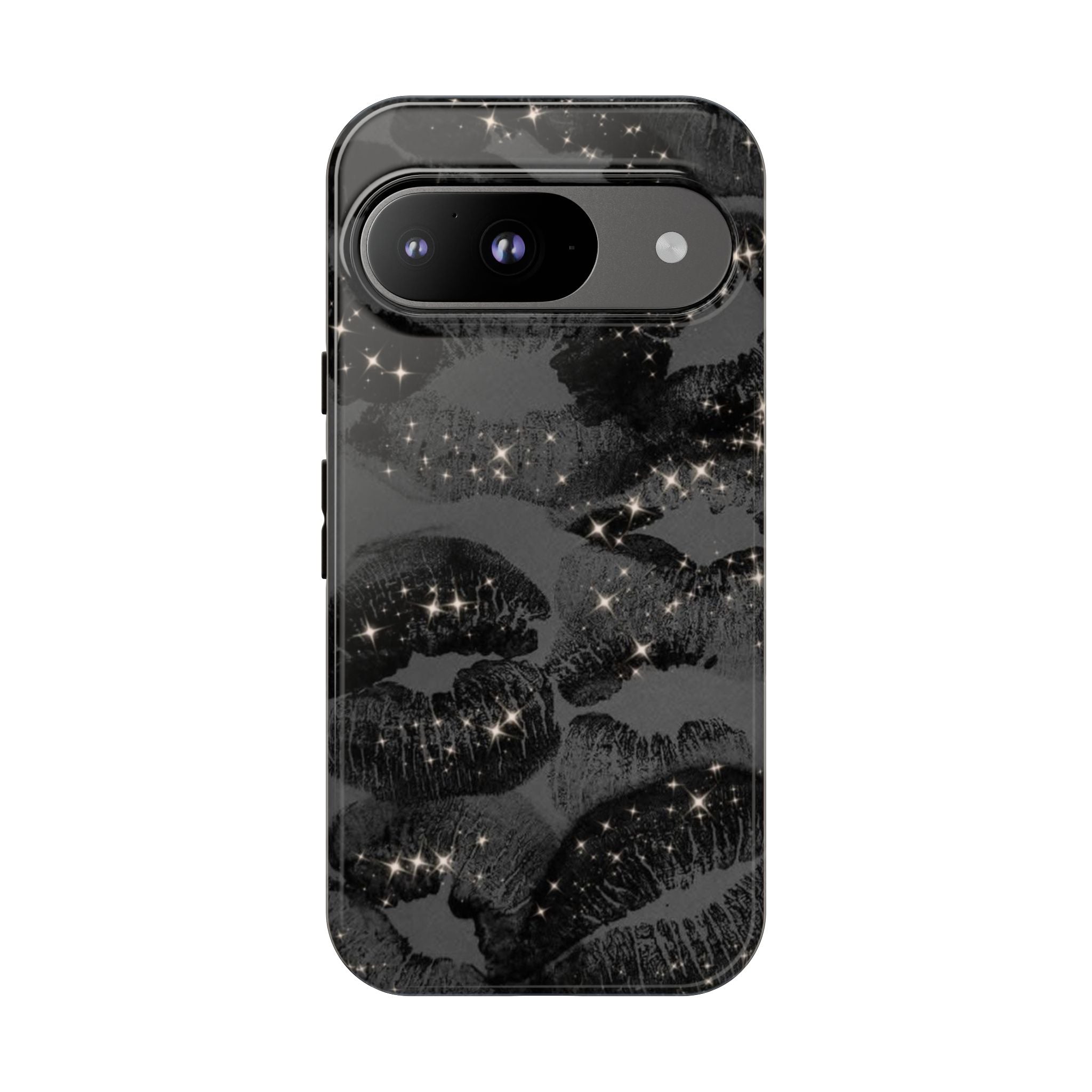 Black Glitter Kiss Phone Case — Sparkling Lip Print Protective Cover