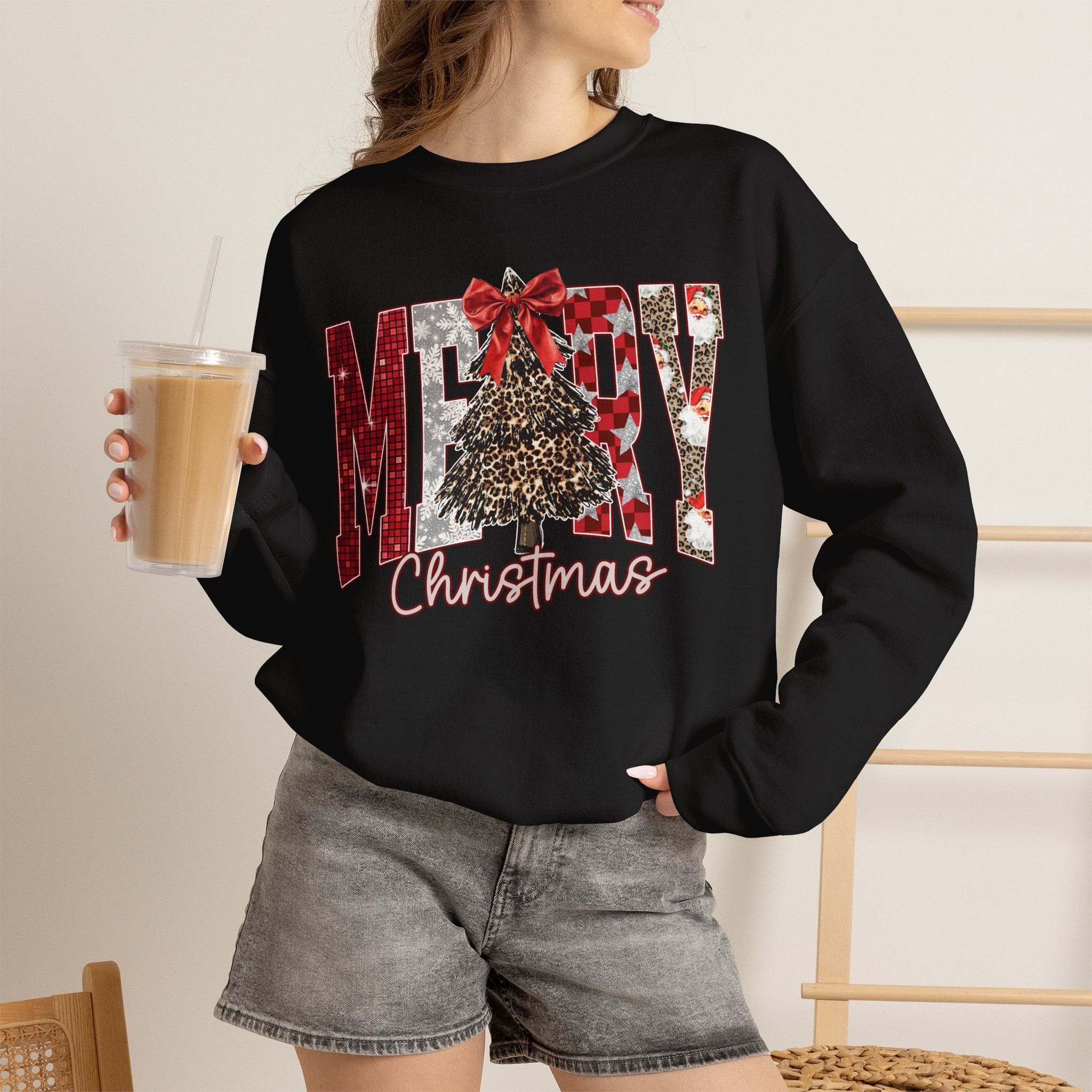 Merry Christmas Crewneck Sweatshirt — Festive Tree & Bow Holiday Sweatshirt