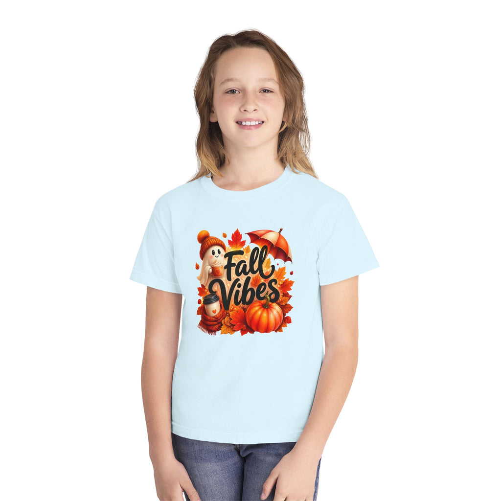 Fall Vibes Youth Tee — Cute Pumpkin, Leaves & Scarecrow Autumn Shirt