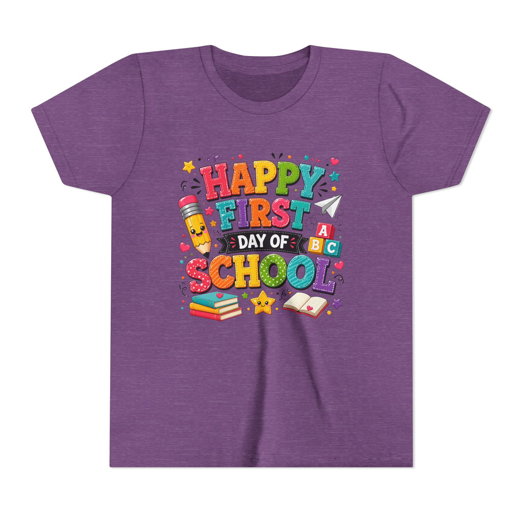 Youth Tee — "Happy First Day of School" Back-to-School Graphic Shirt