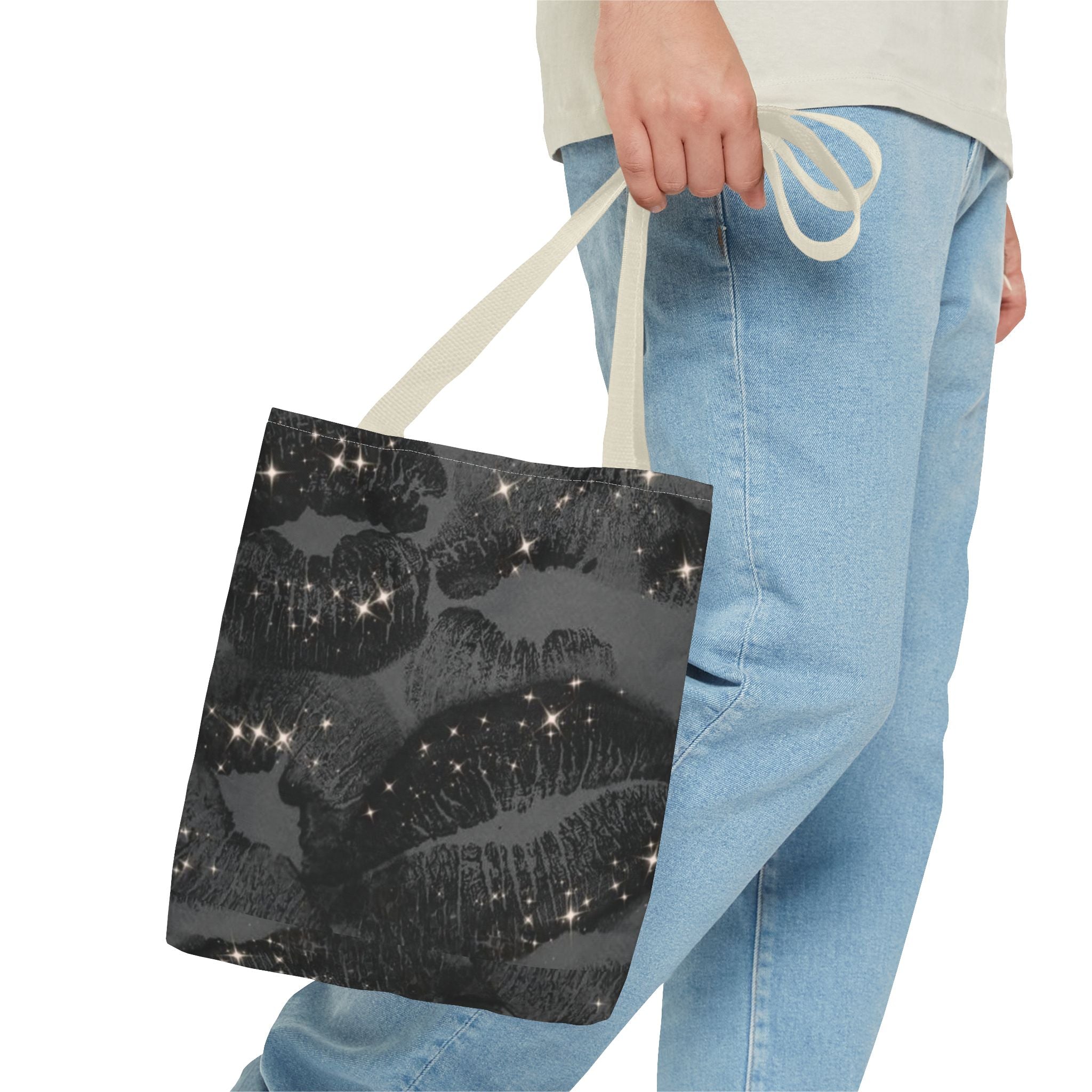 Glitter Kiss Print Tote Bag | Black Lipstick Pattern, Sparkle All-Over