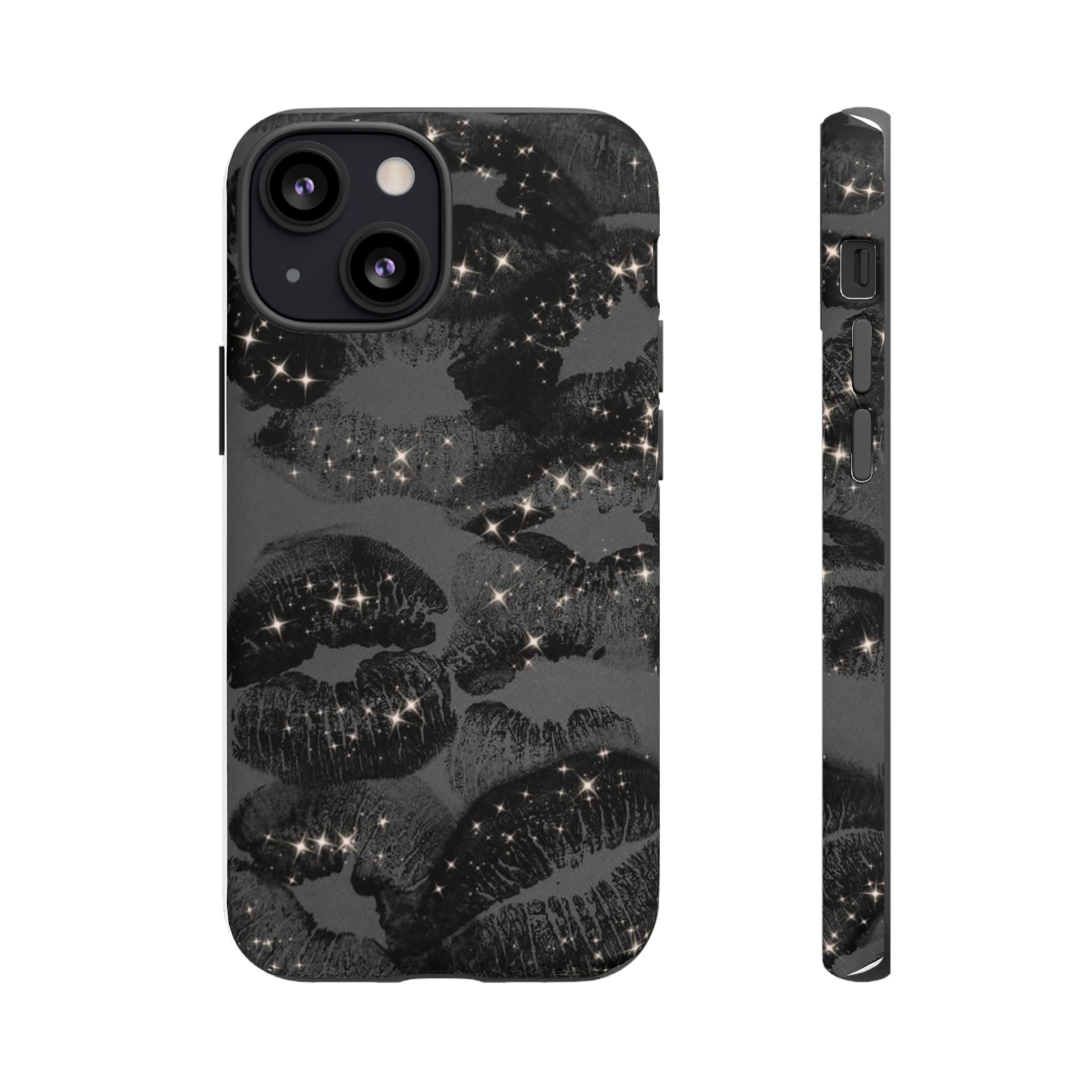 Black Glitter Kiss Phone Case — Sparkling Lip Print Protective Cover