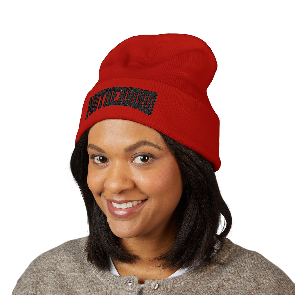 Motherhood Embroidered Cuffed Beanie — Cozy Mom Knit Hat