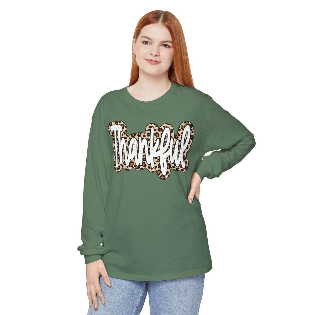 Thankful Leopard Print Long Sleeve T-Shirt | Thanksgiving Fall