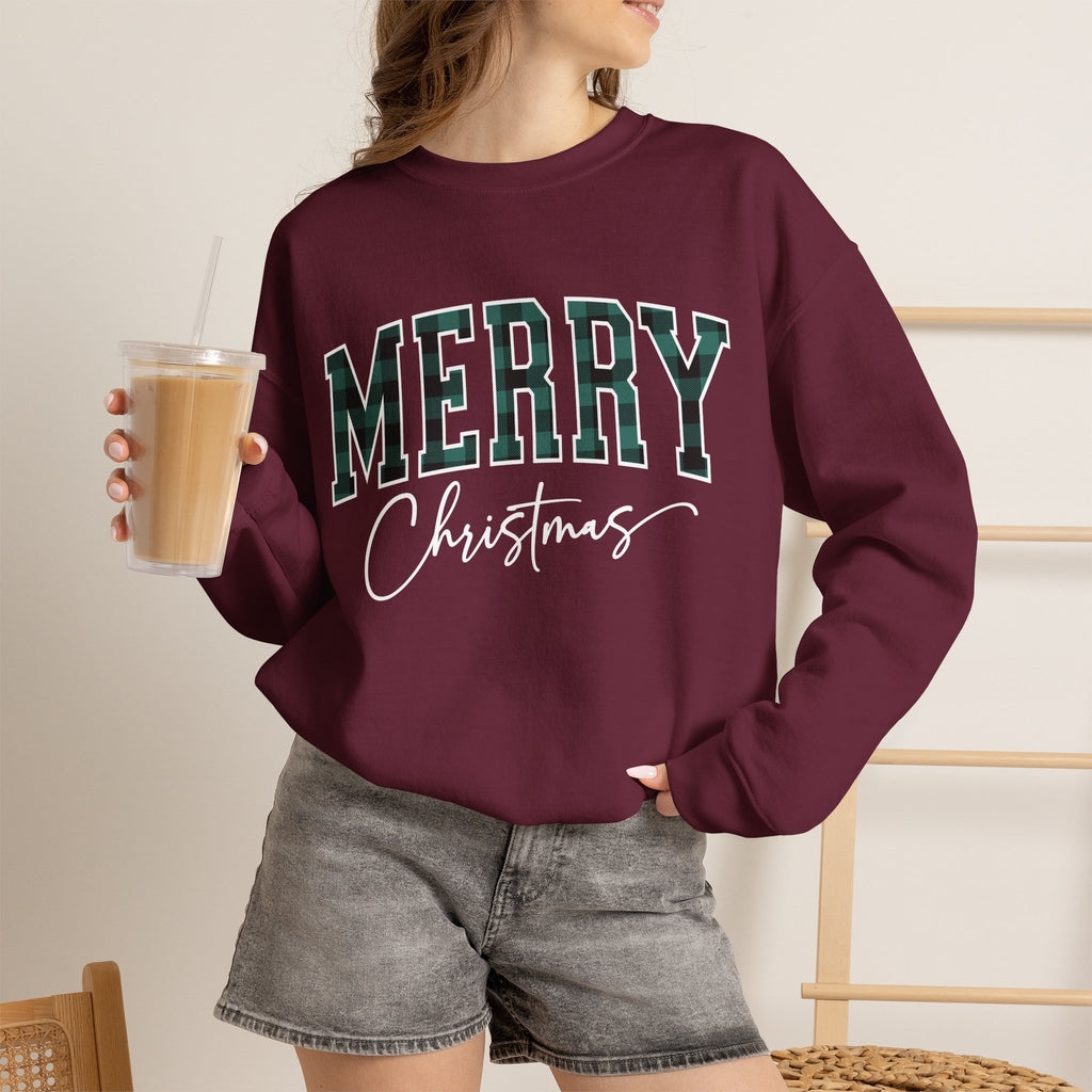 Merry Christmas Crewneck Sweatshirt – Plaid Holiday Graphic Crew