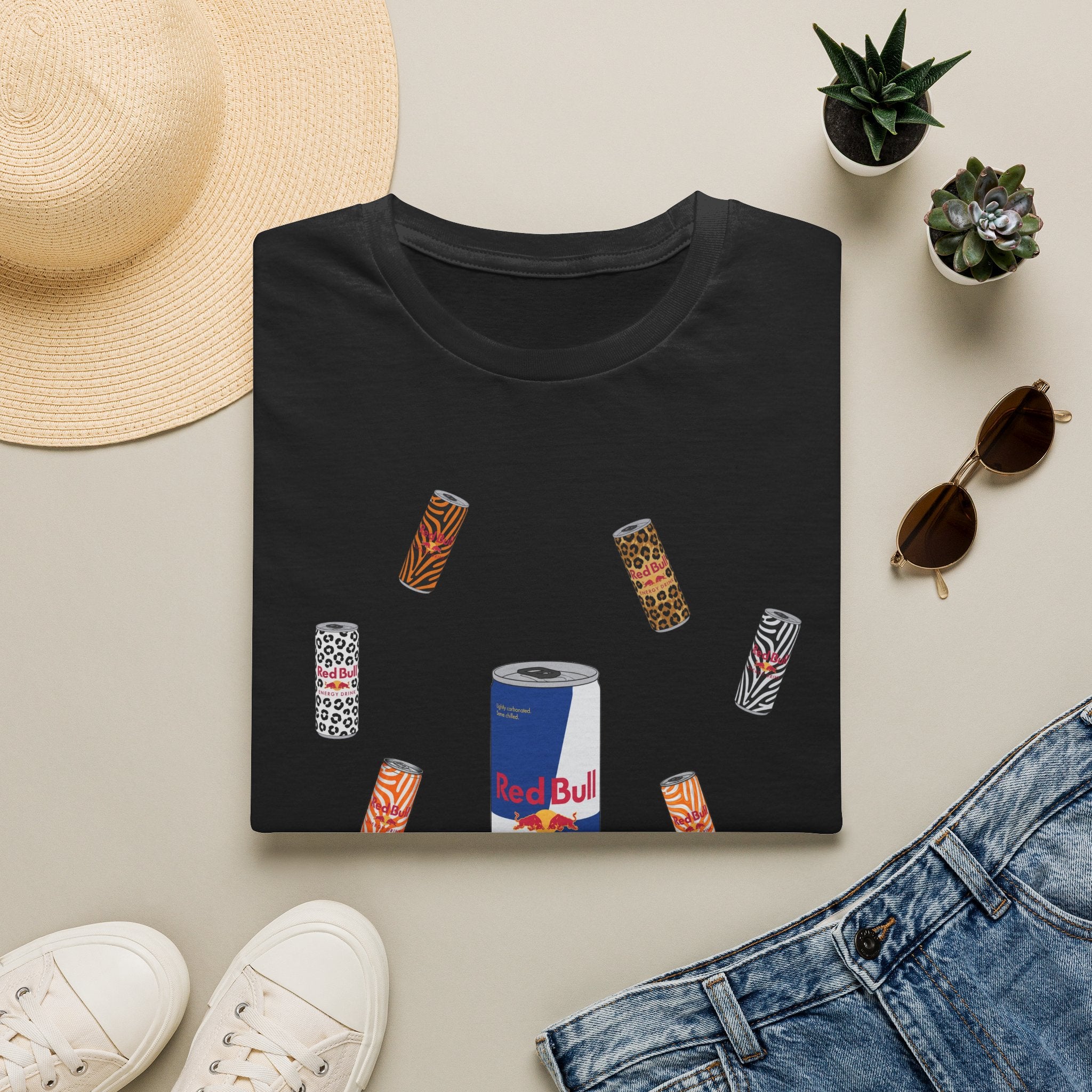 Energy Drink & Lip Balm Graphic T-Shirt — Playful Red Bull Design