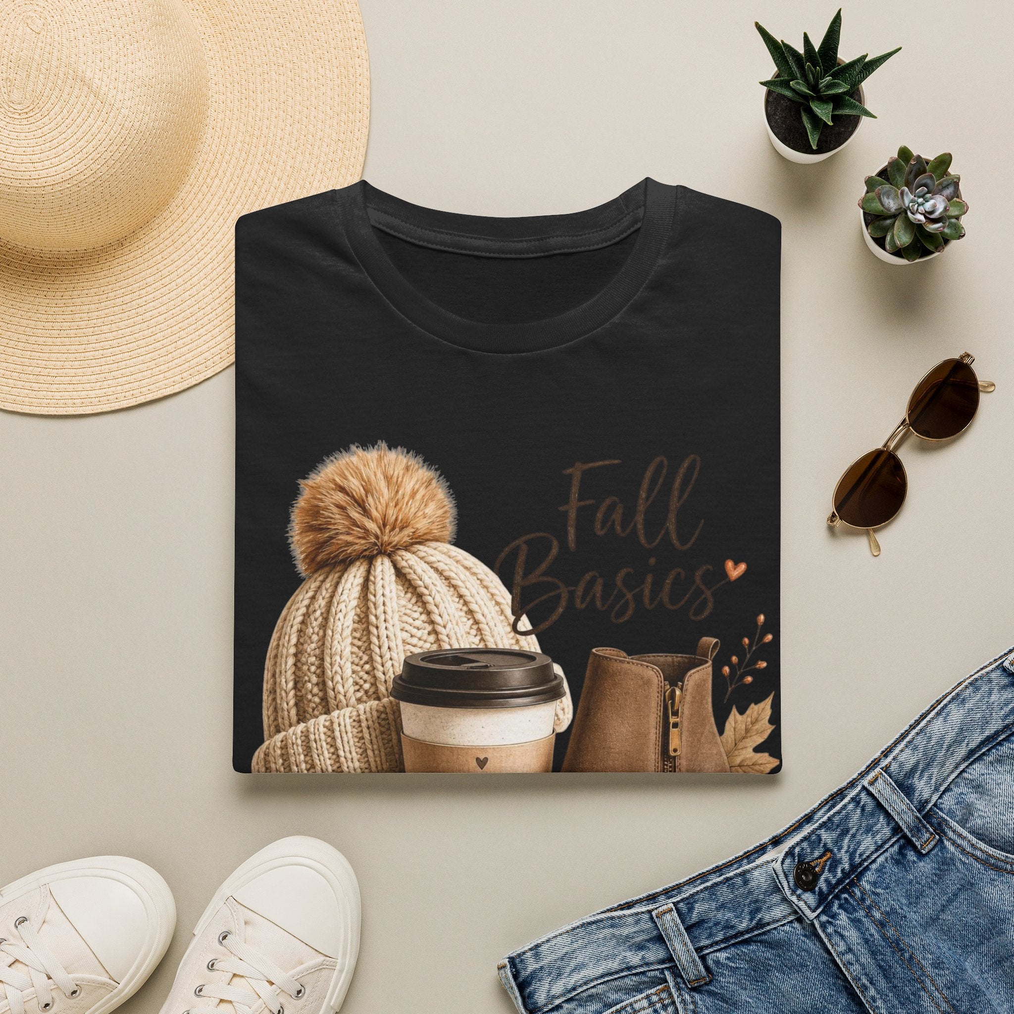 Fall Basics T-Shirt — Cozy Autumn Beanie, Coffee & Boots Tee