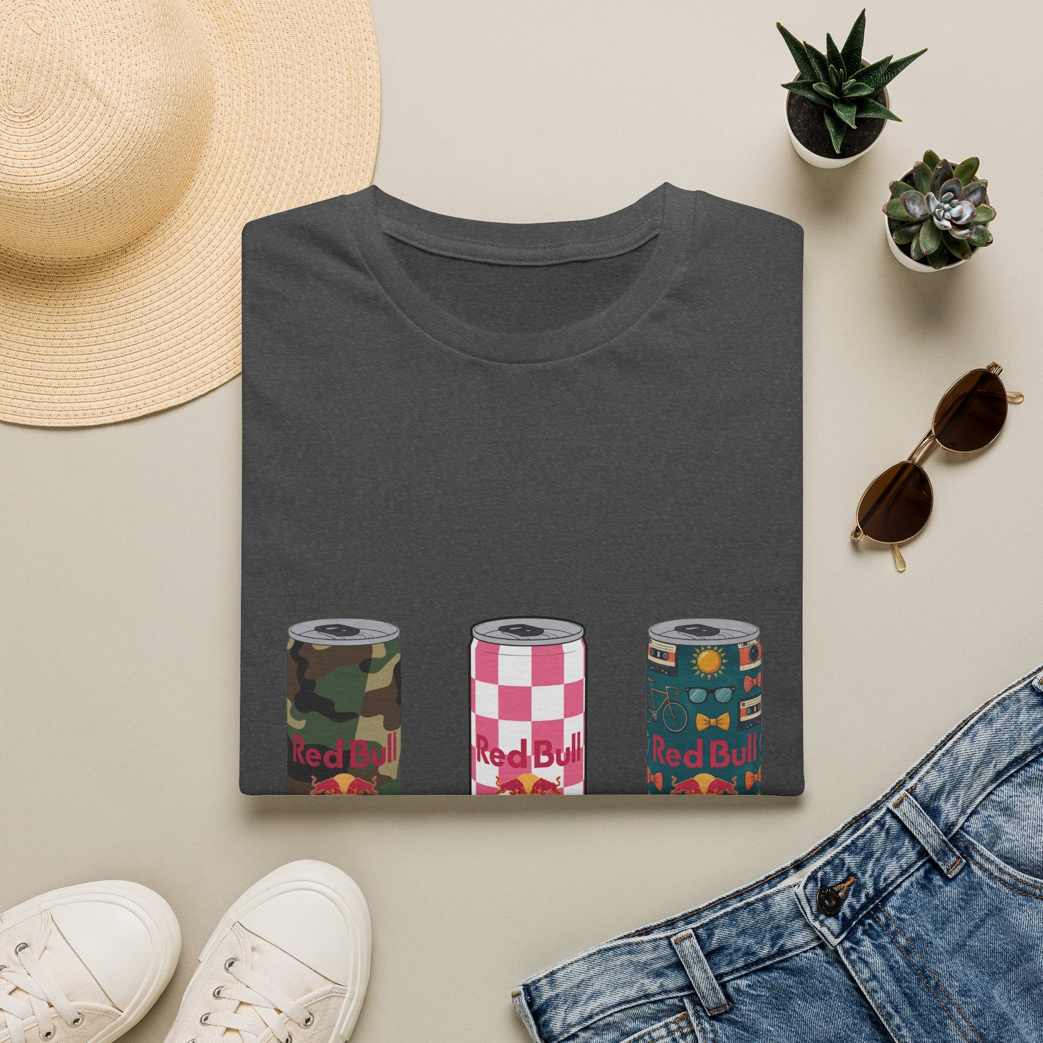 Energy Drink Can Trio T-Shirt — Camouflage, Checker & Floral Cans
