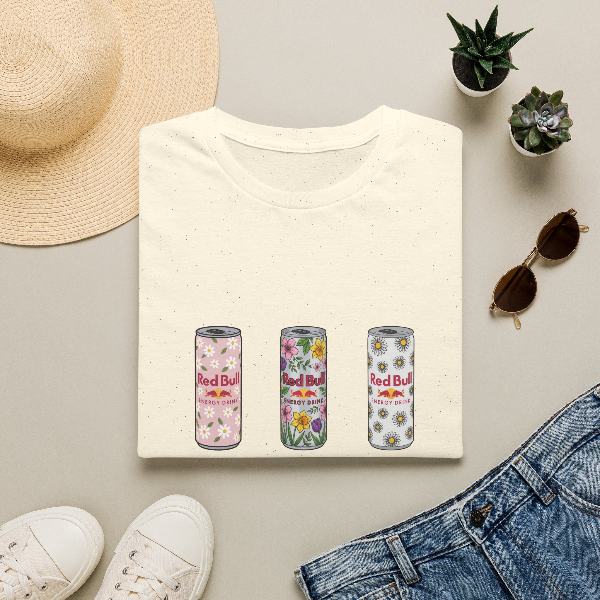 Floral Energy Drink Can T-Shirt — Vintage Flower Red Bull Design
