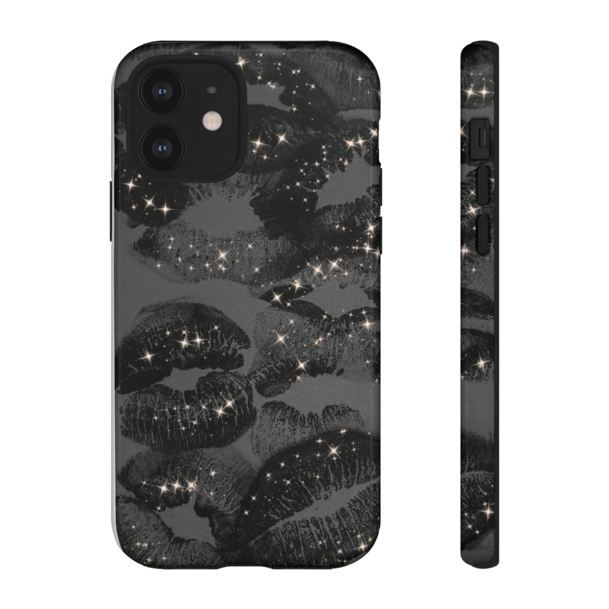 Black Glitter Kiss Phone Case — Sparkling Lip Print Protective Cover