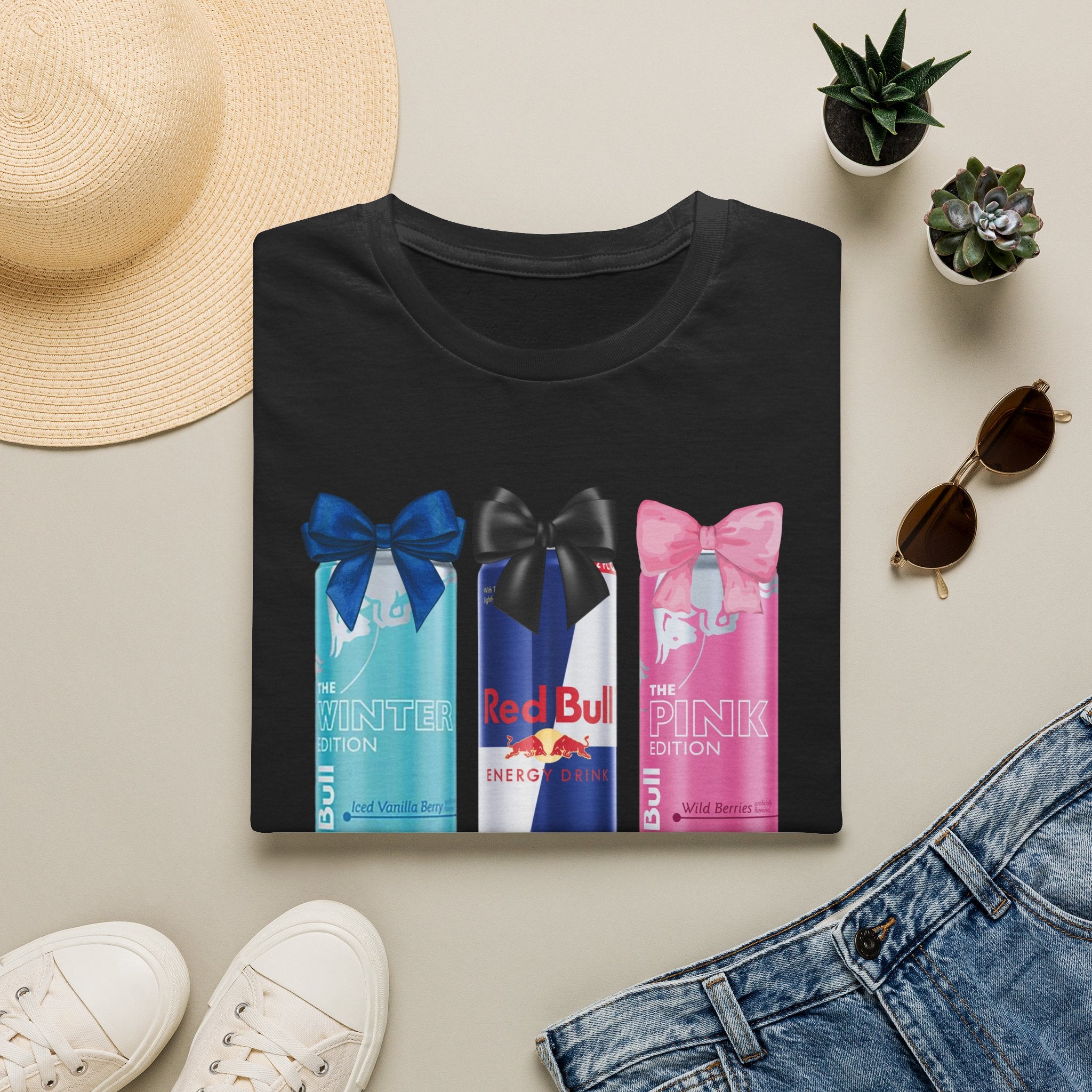 Red Bull Cans Graphic T-Shirt — “First I Need Red Bull” Energy Drink Tee
