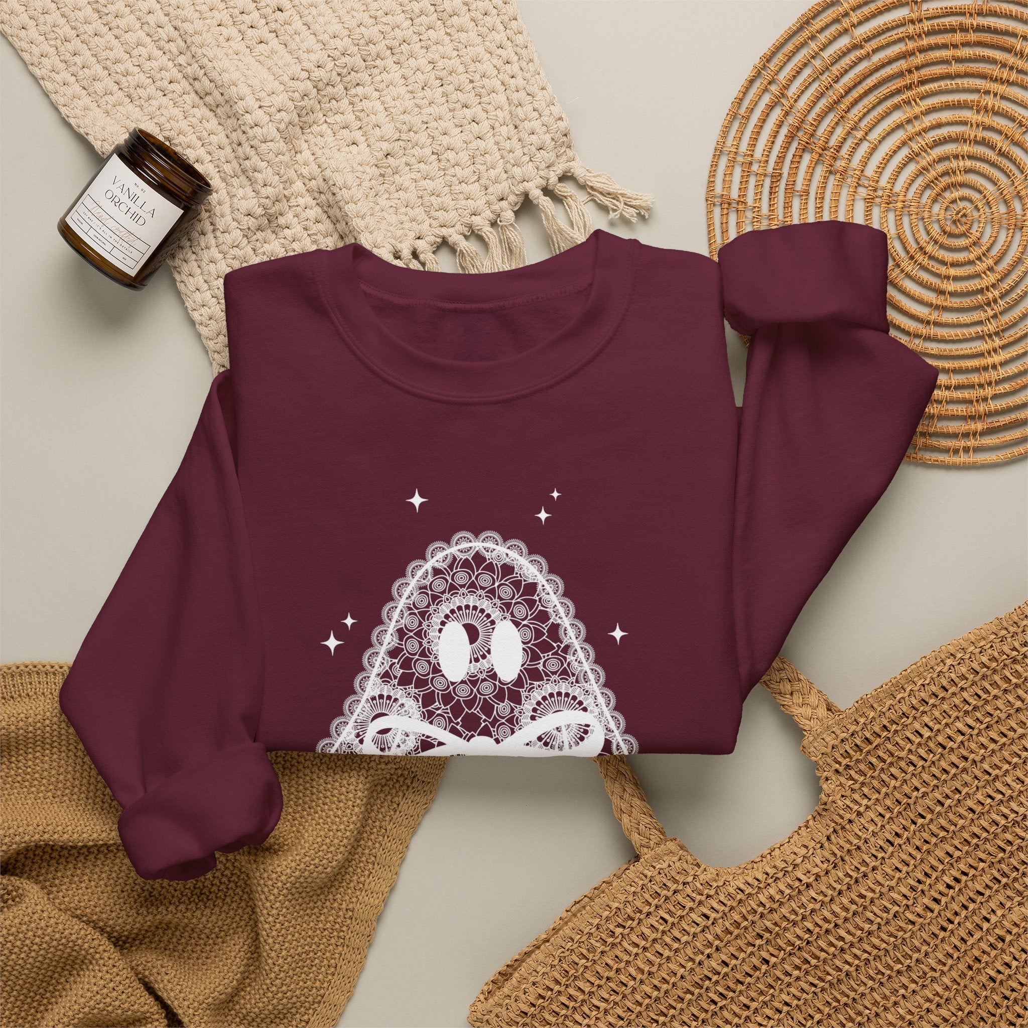 Crewneck Sweatshirt — Lace Ghost Illustration Cozy Halloween Pullover