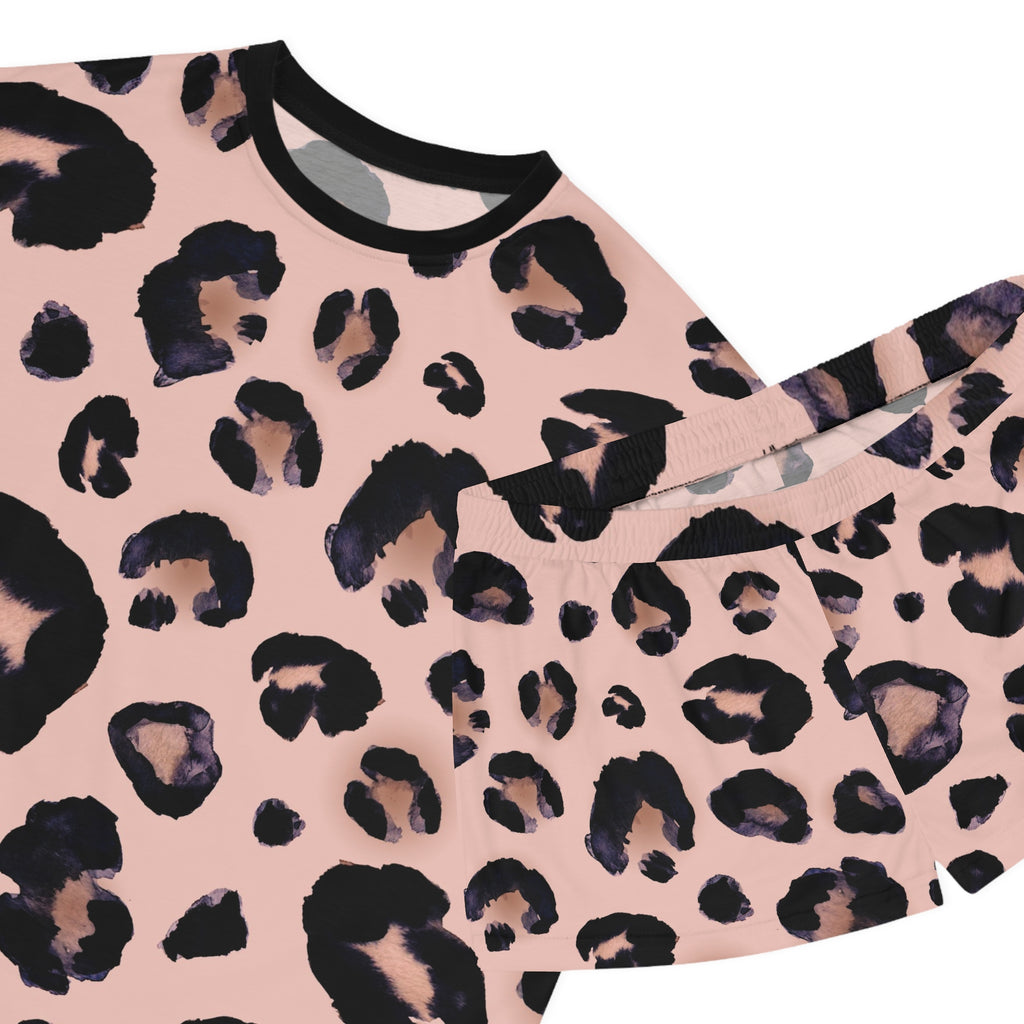 Women's Pink Leopard Print Pajama Set - Short Sleepwear