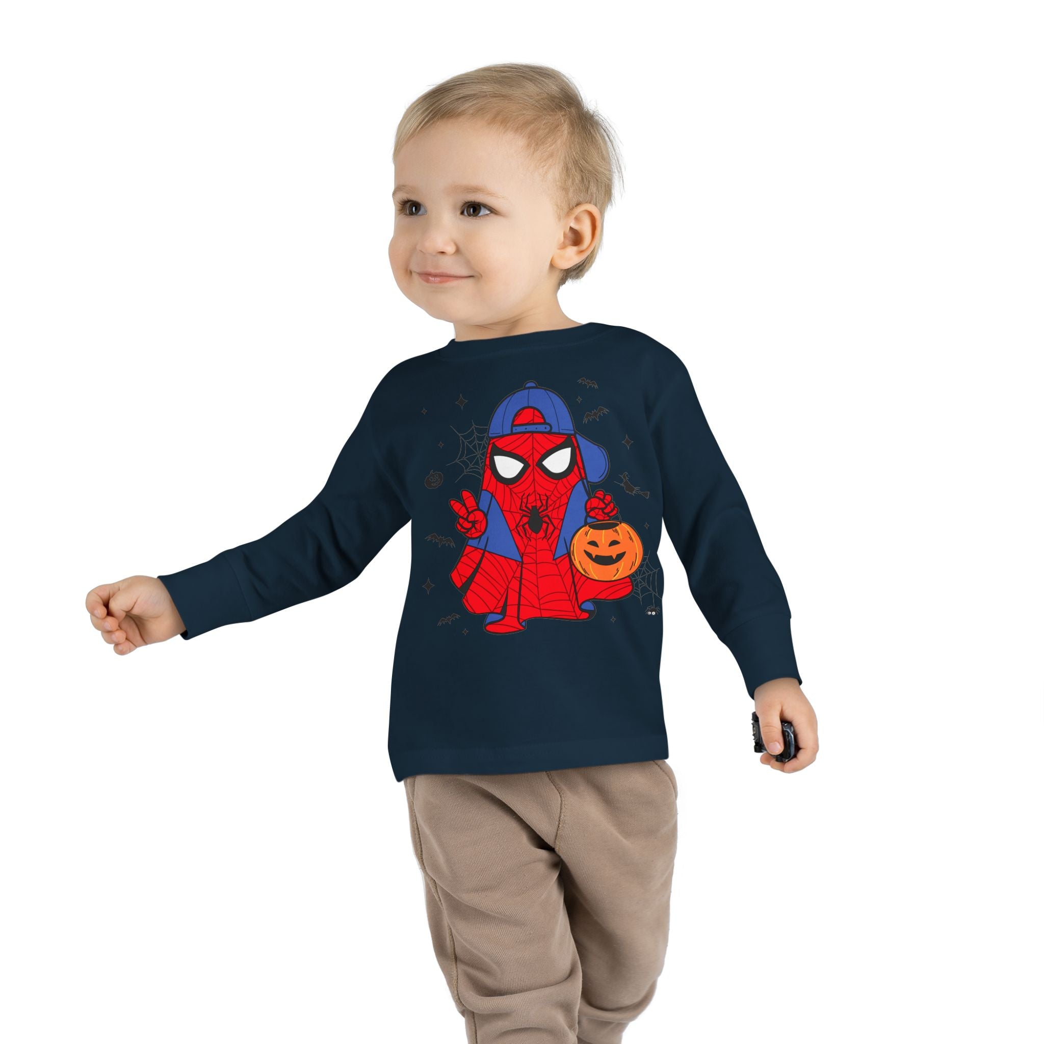 Spider Hero Toddler Long Sleeve Tee — Cute Halloween Pumpkin Trick-or-Treat Shirt