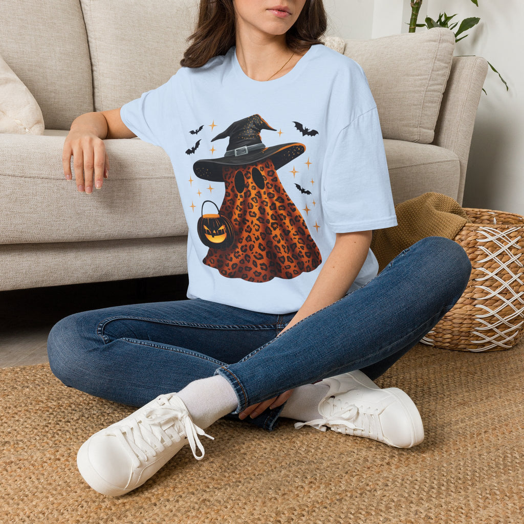 Halloween Leopard Ghost T-Shirt — Witch Hat & Bats Graphic