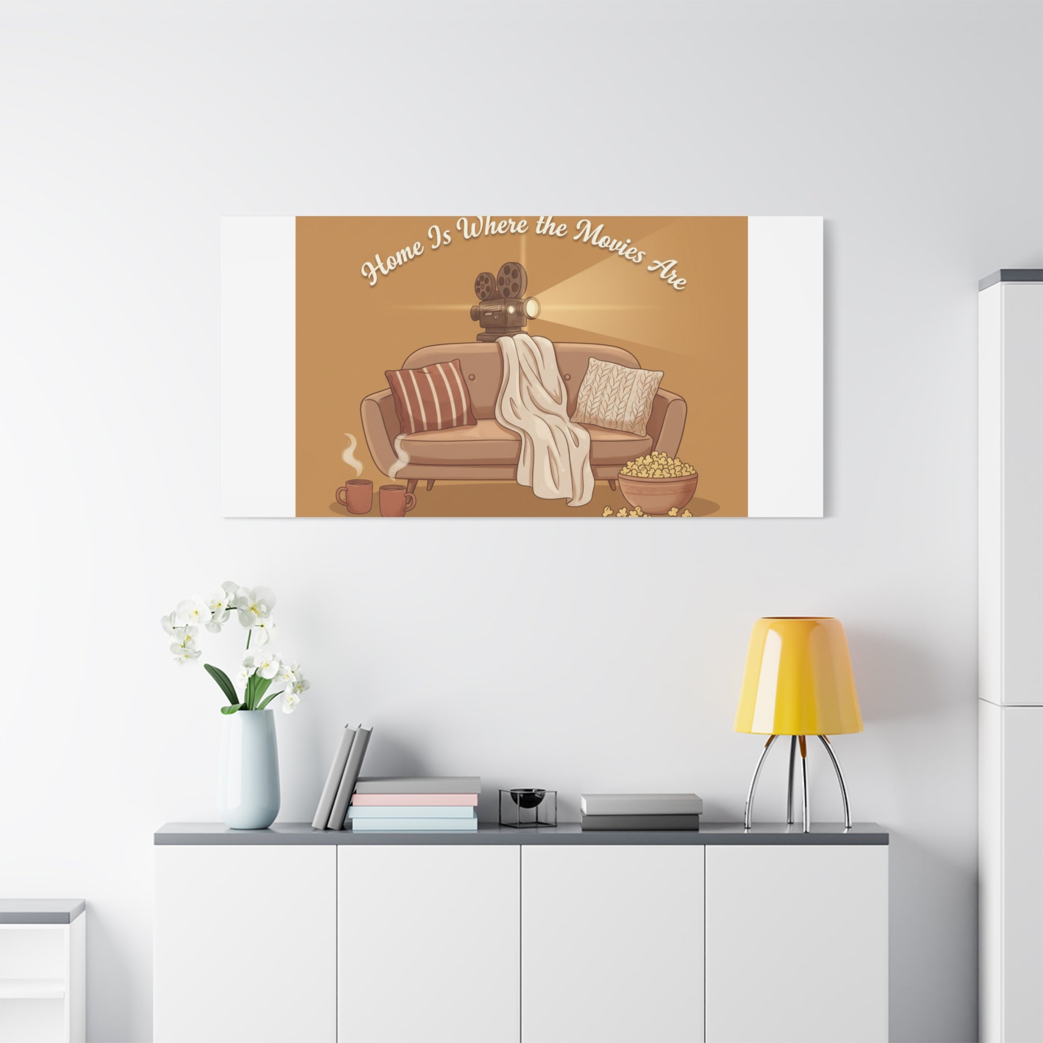 Home Is Where the Movies Are Canvas | cozy night art, home cinema decor