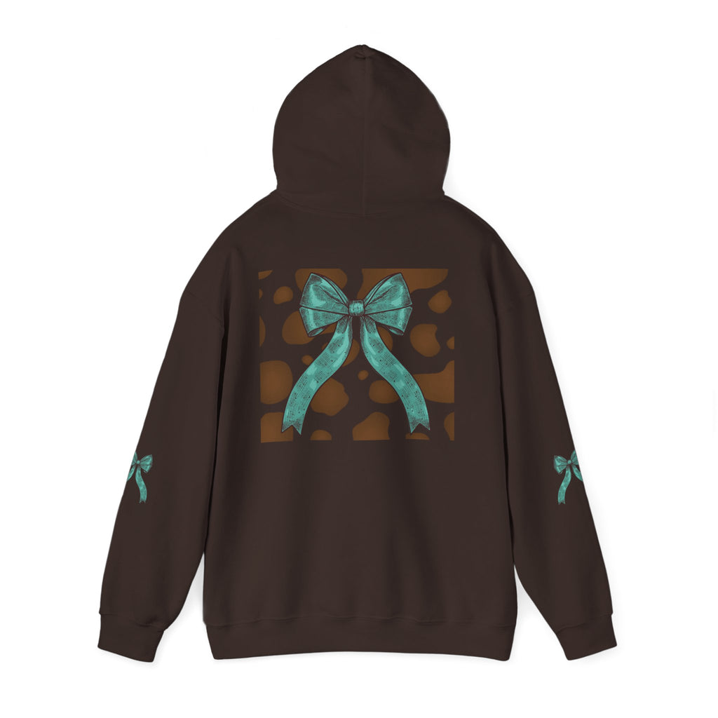 Mama Leopard Letters teal bow Hoodie | Cow print back panel, sleeve bows