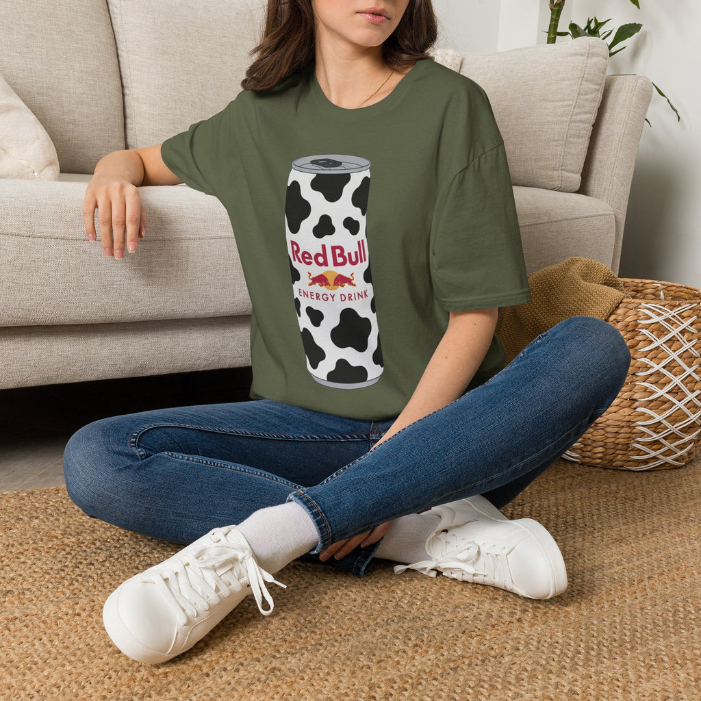 Red Bull Cow Print T-Shirt — Funny Energy Drink Graphic Tee