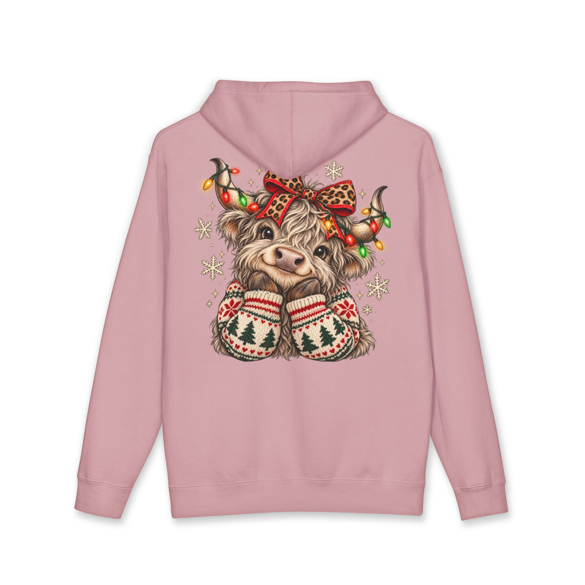Christmas Cow Hoodie – Cute Highland Cow with Festive Lights & 'Merry Dolly Christmas' Design