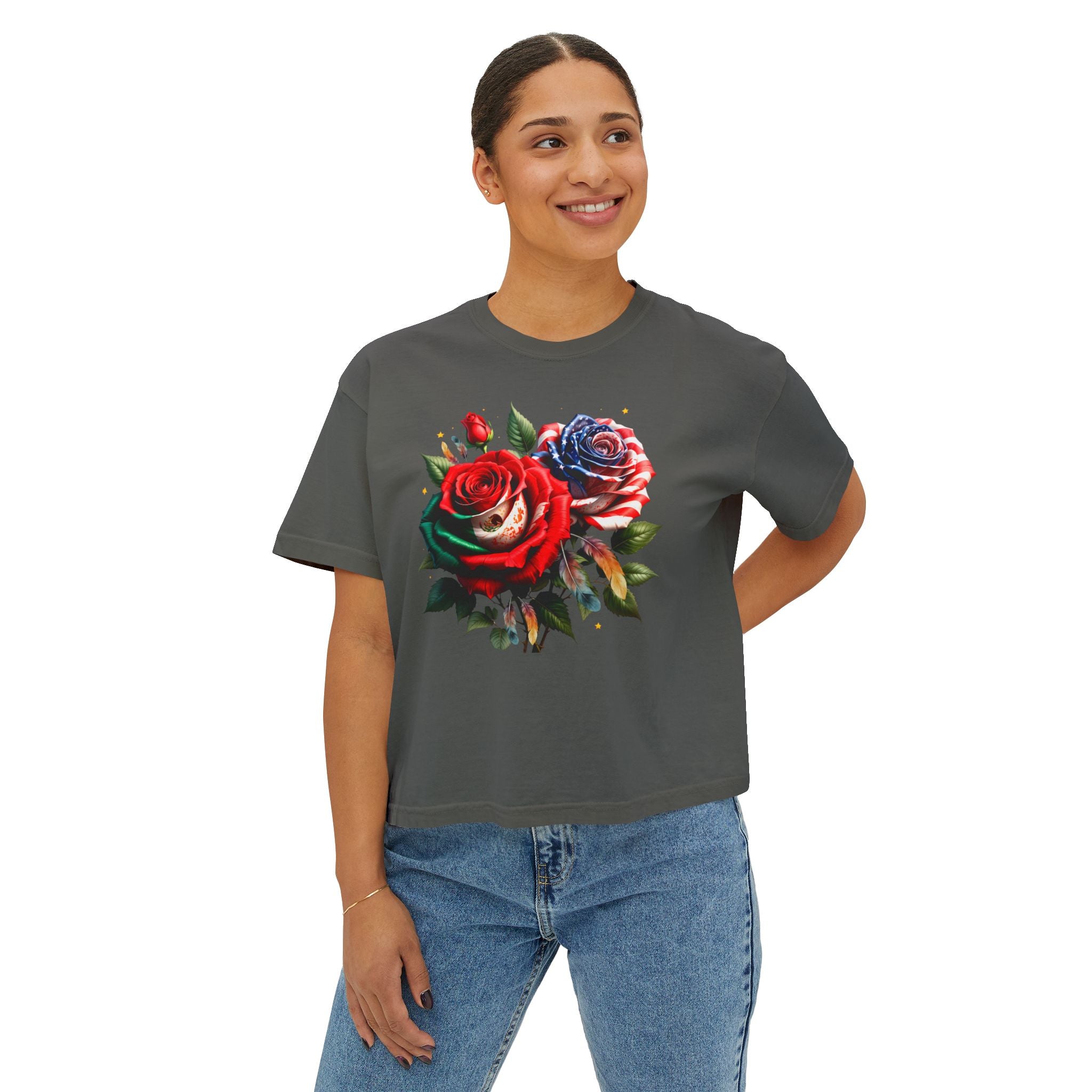 Women’s Boxy Tee — Vintage Red & Blue Rose Floral Graphic