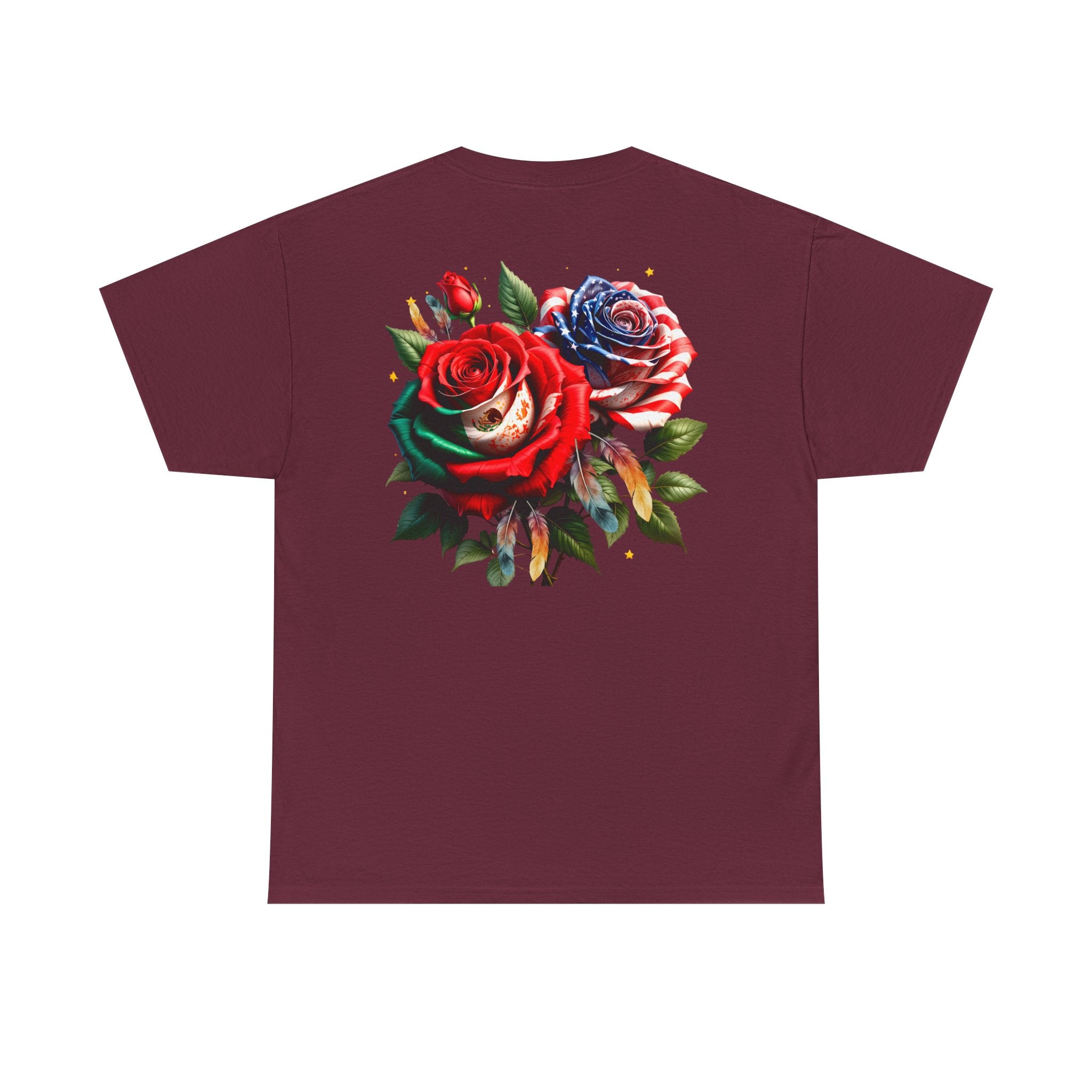 American & Italian Flag Tee with Vintage Rose Back — Patriotic Floral T-Shirt