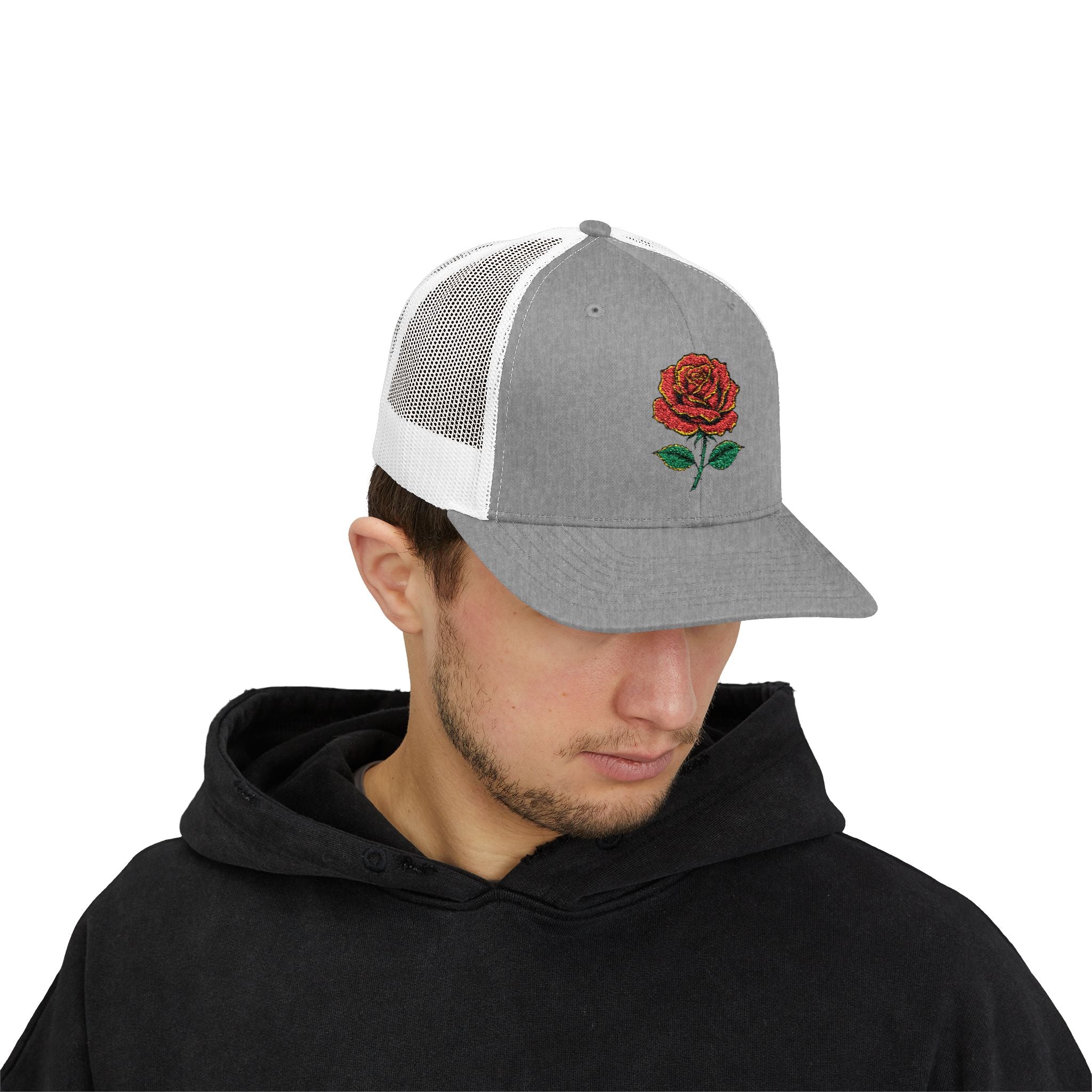 Embroidered Red Rose Trucker Cap