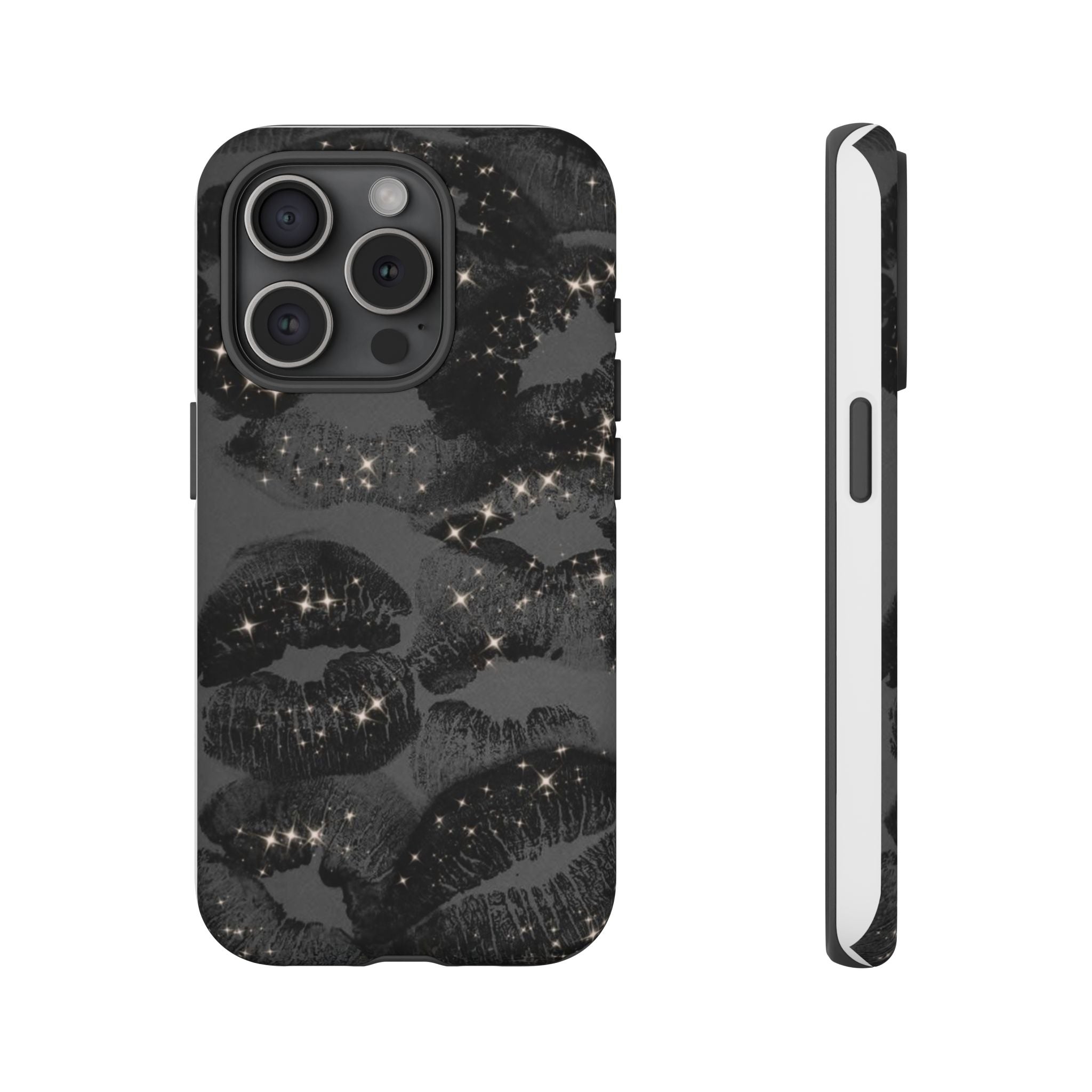 Black Glitter Kiss Phone Case — Sparkling Lip Print Protective Cover