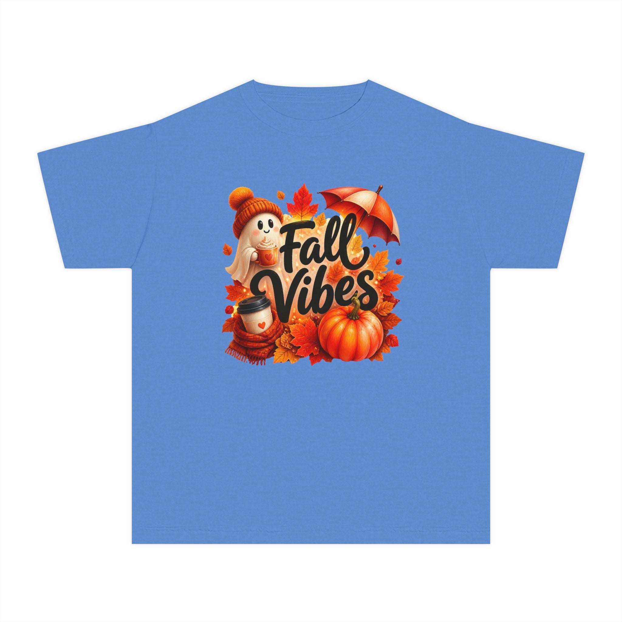 Fall Vibes Youth Tee — Cute Pumpkin, Leaves & Scarecrow Autumn Shirt