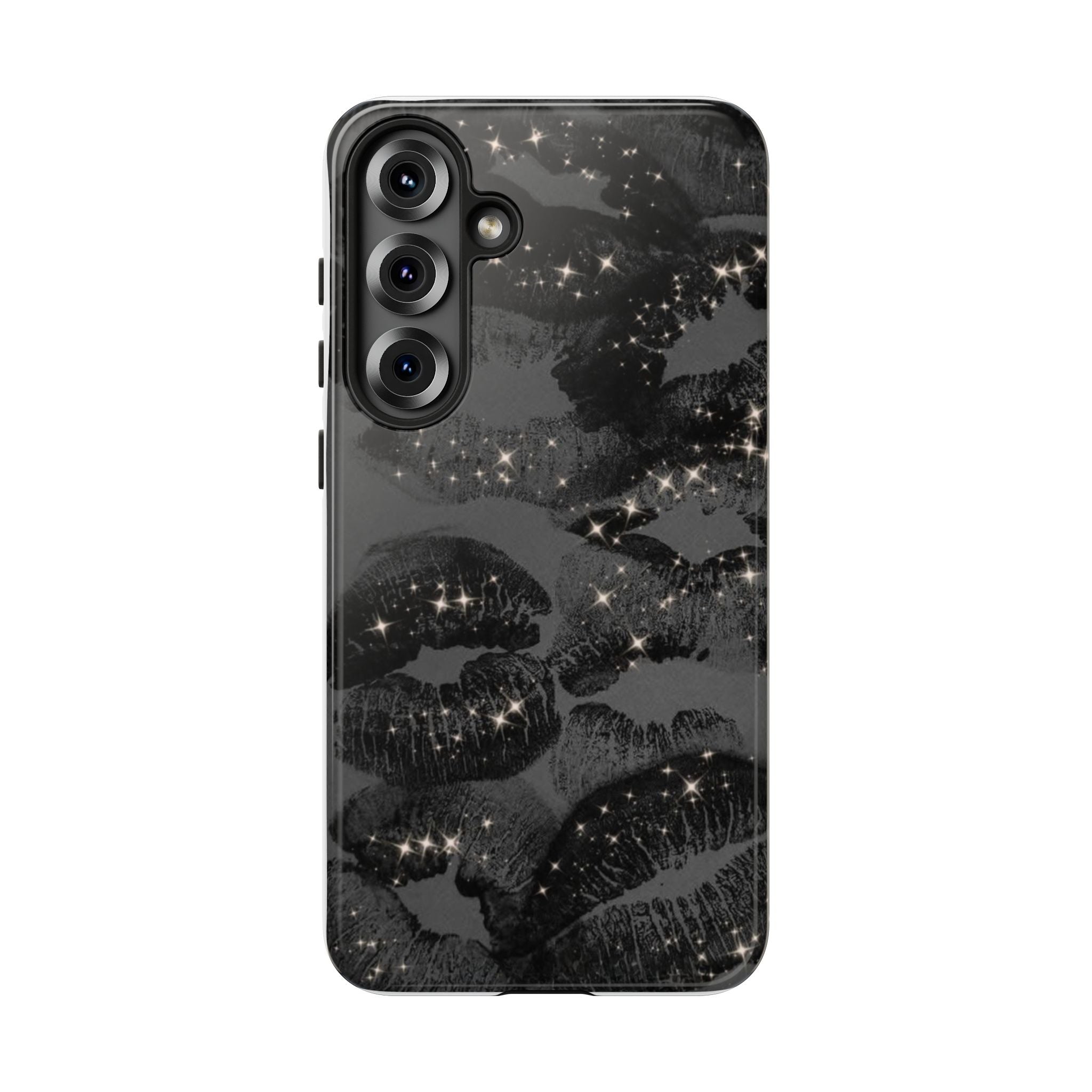 Black Glitter Kiss Phone Case — Sparkling Lip Print Protective Cover