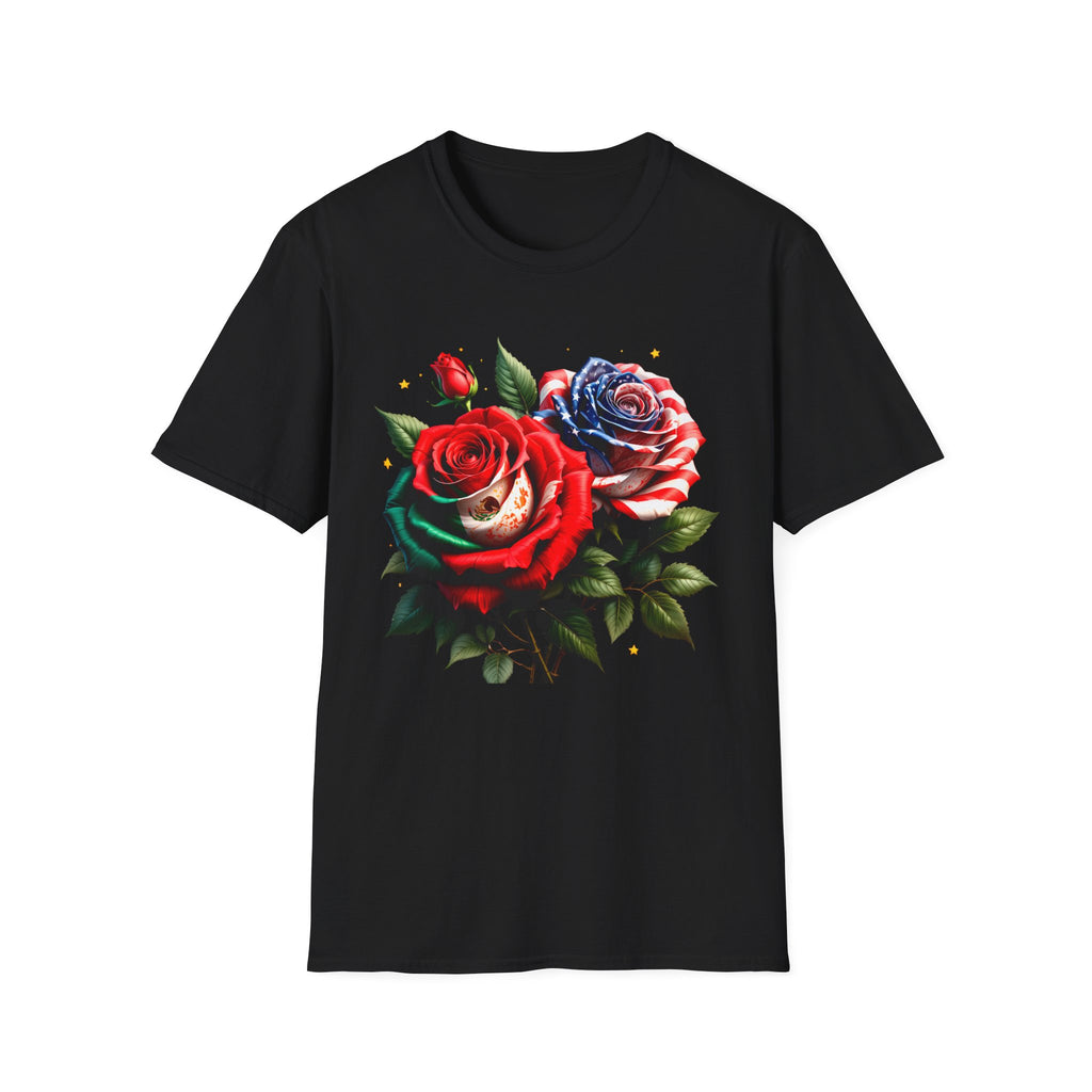 Patriotic Rose Skull T-Shirt — American Flag Blue & Red Floral Tee