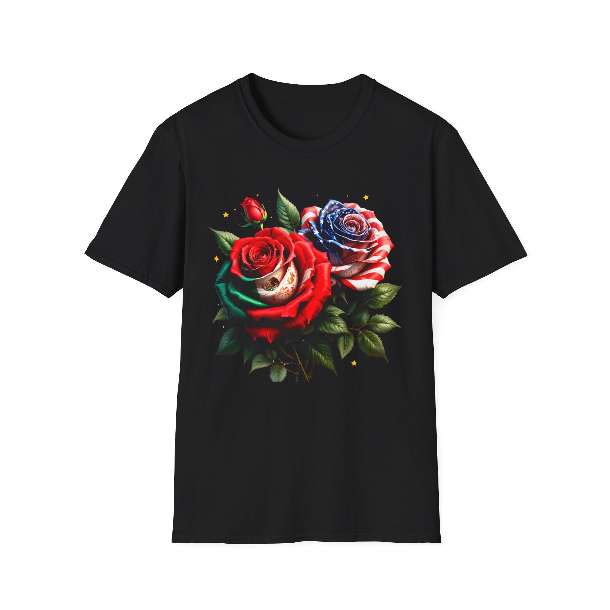 Patriotic Rose Skull T-Shirt — American Flag Blue & Red Floral Tee