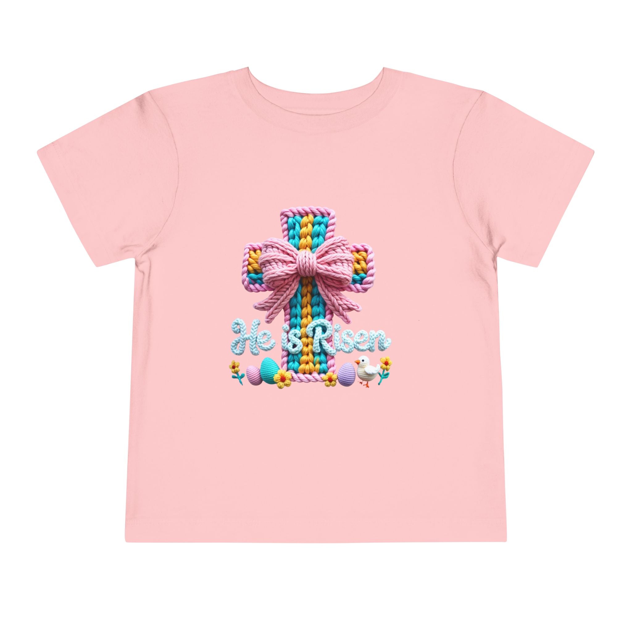 Easter Cross Toddler Tee — Colorful Knit Cross with "He is Risen" & Easter Eggs