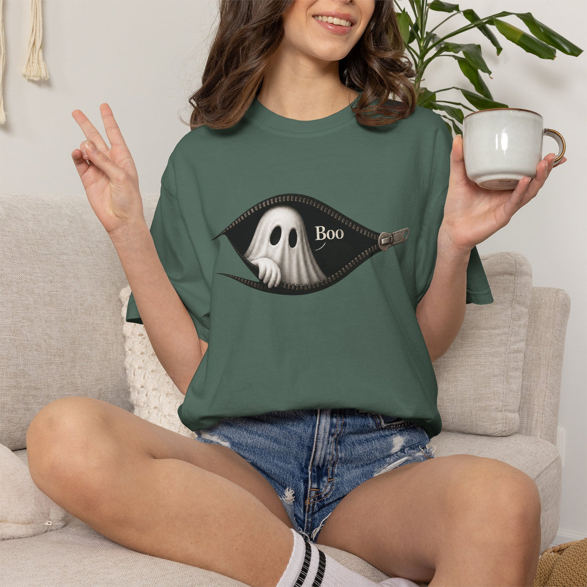 Ghost Peek T-Shirt — "Boo" Zipper Graphic Halloween Tee