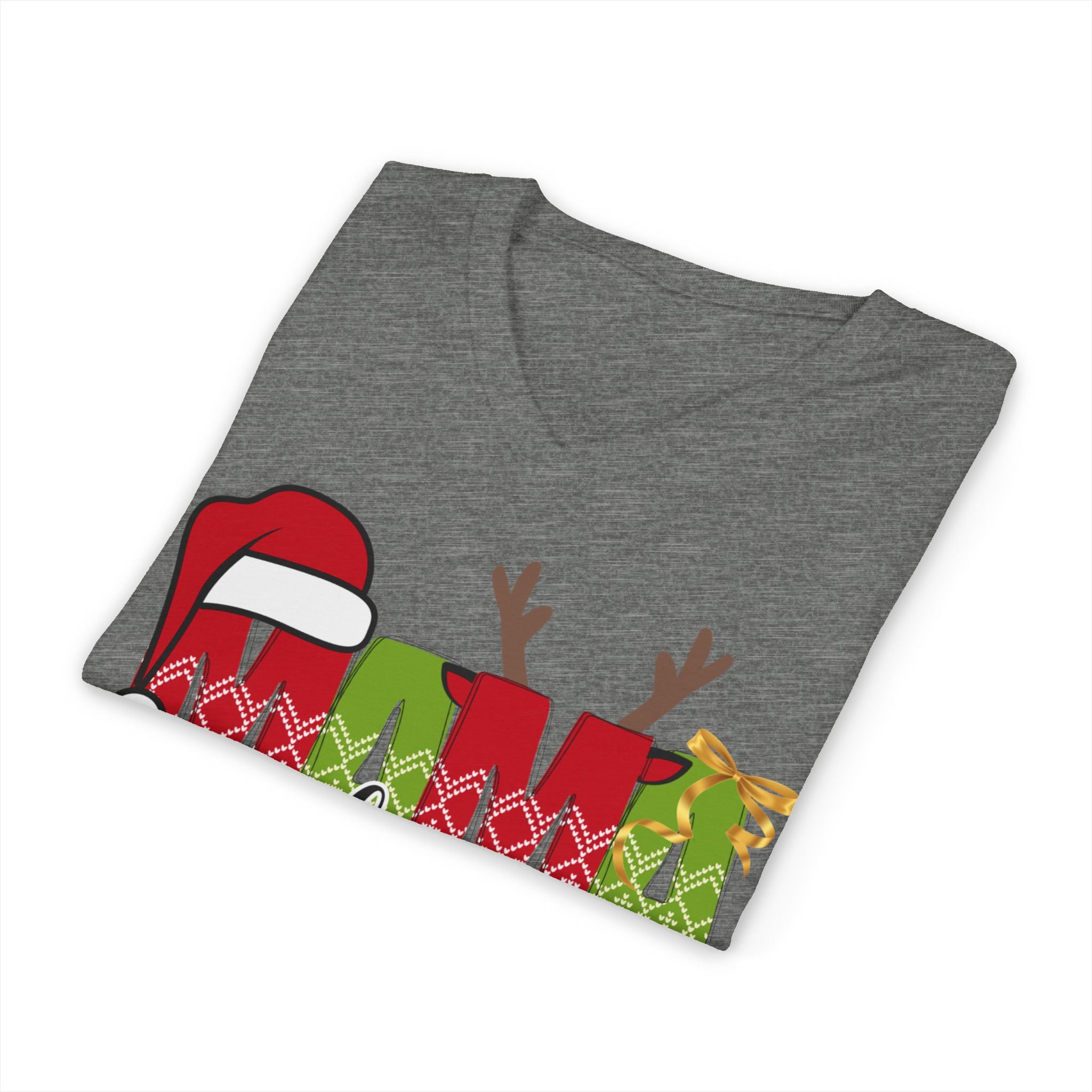 Mom Claus V-Neck Tee — Christmas Holiday Family Graphic Shirt