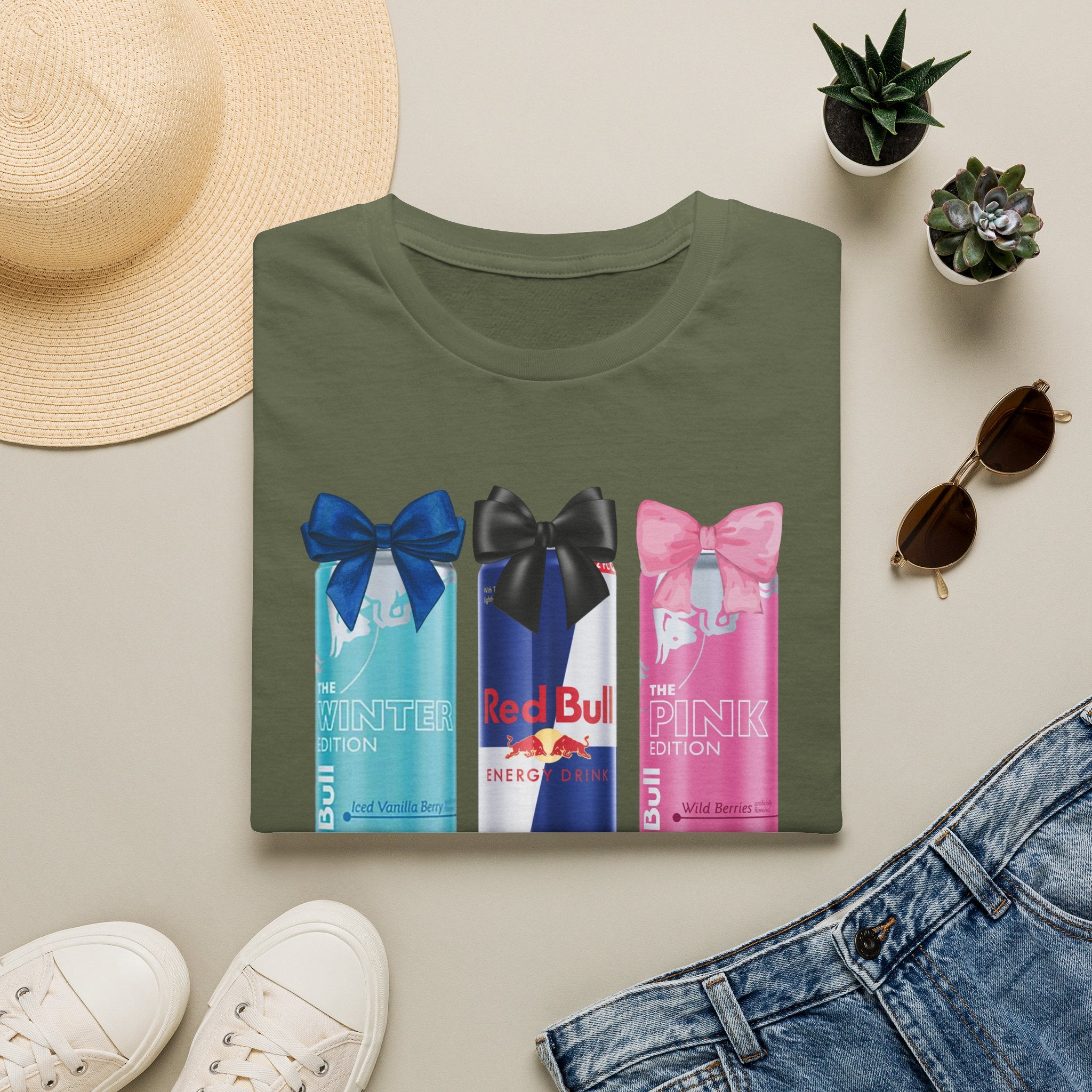 Red Bull Cans Graphic T-Shirt — “First I Need Red Bull” Energy Drink Tee