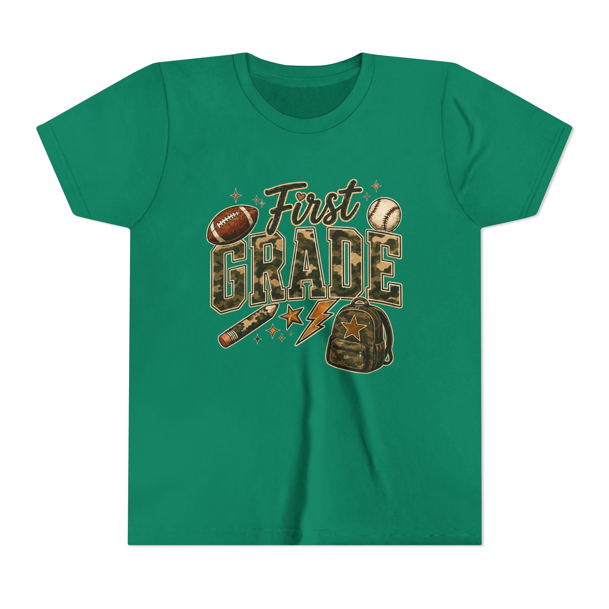 First Grade Kids T‑Shirt — Back to School Sports Backpack Design