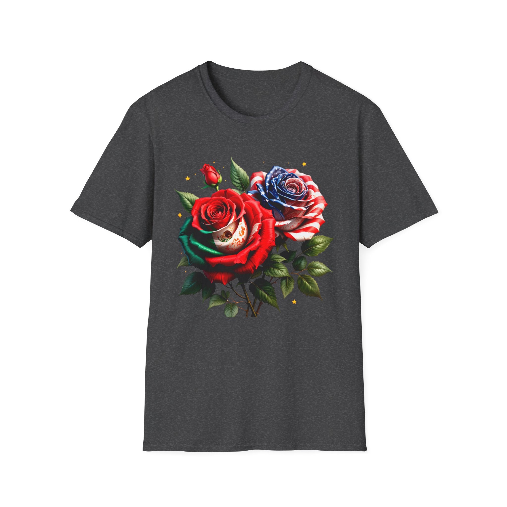 Patriotic Rose Skull T-Shirt — American Flag Blue & Red Floral Tee