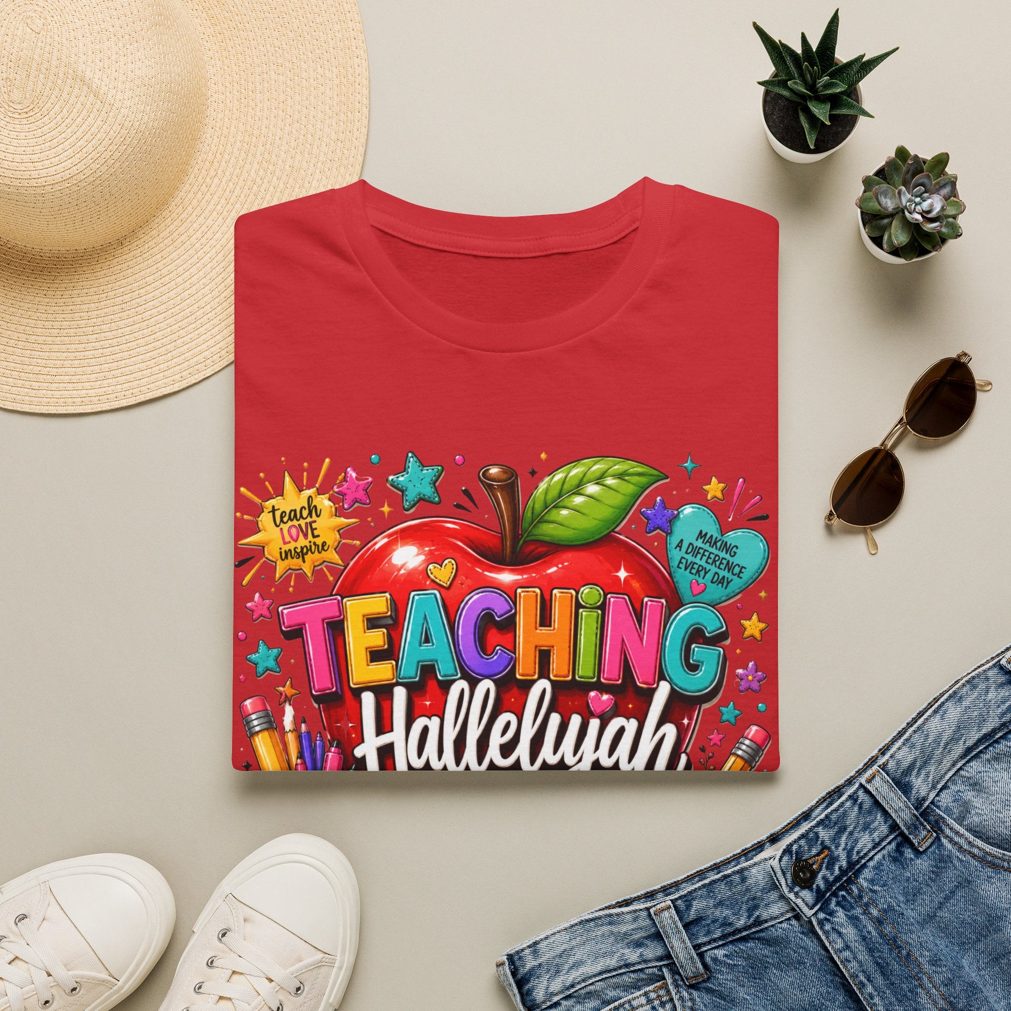 Teacher T-Shirt — "Teaching Hallelujah" Colorful Apple Classroom Tee