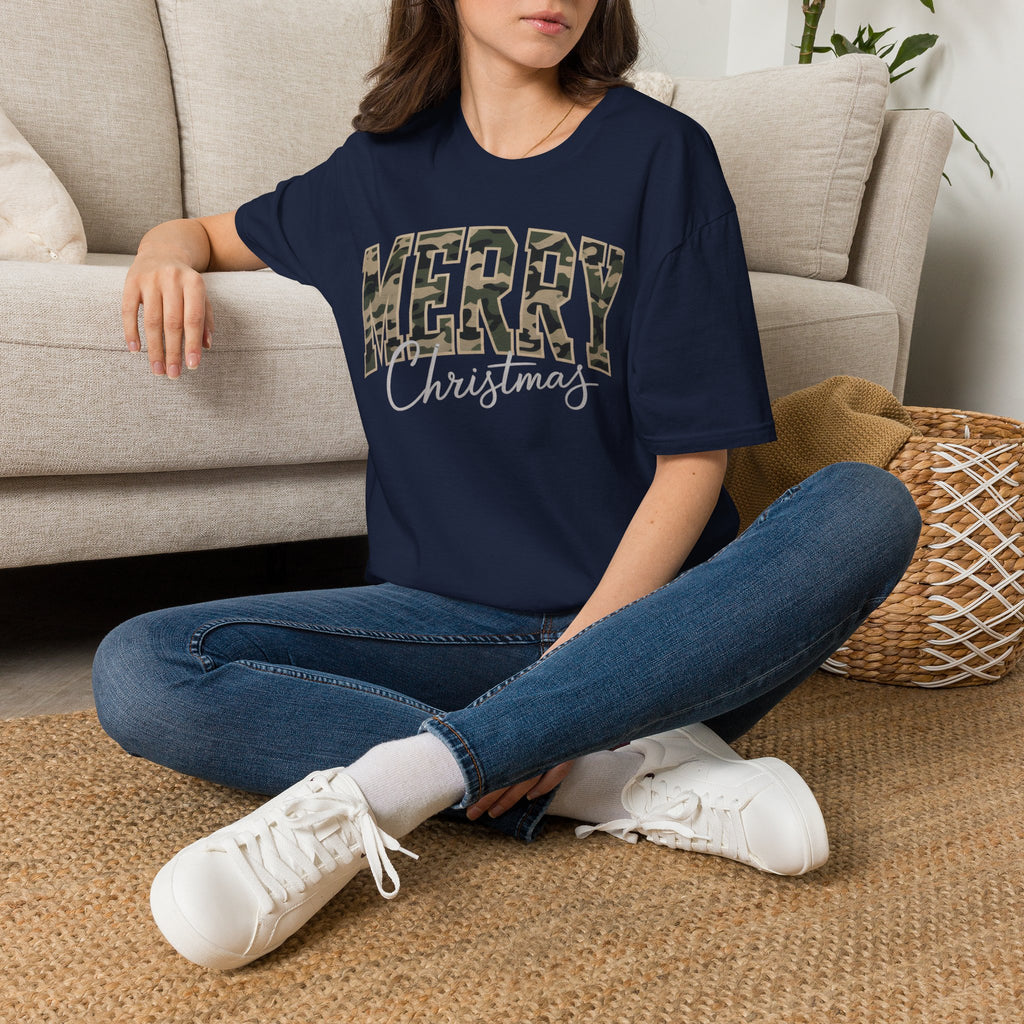 Merry Christmas Camo Tee — Women's Holiday Graphic T-Shirt
