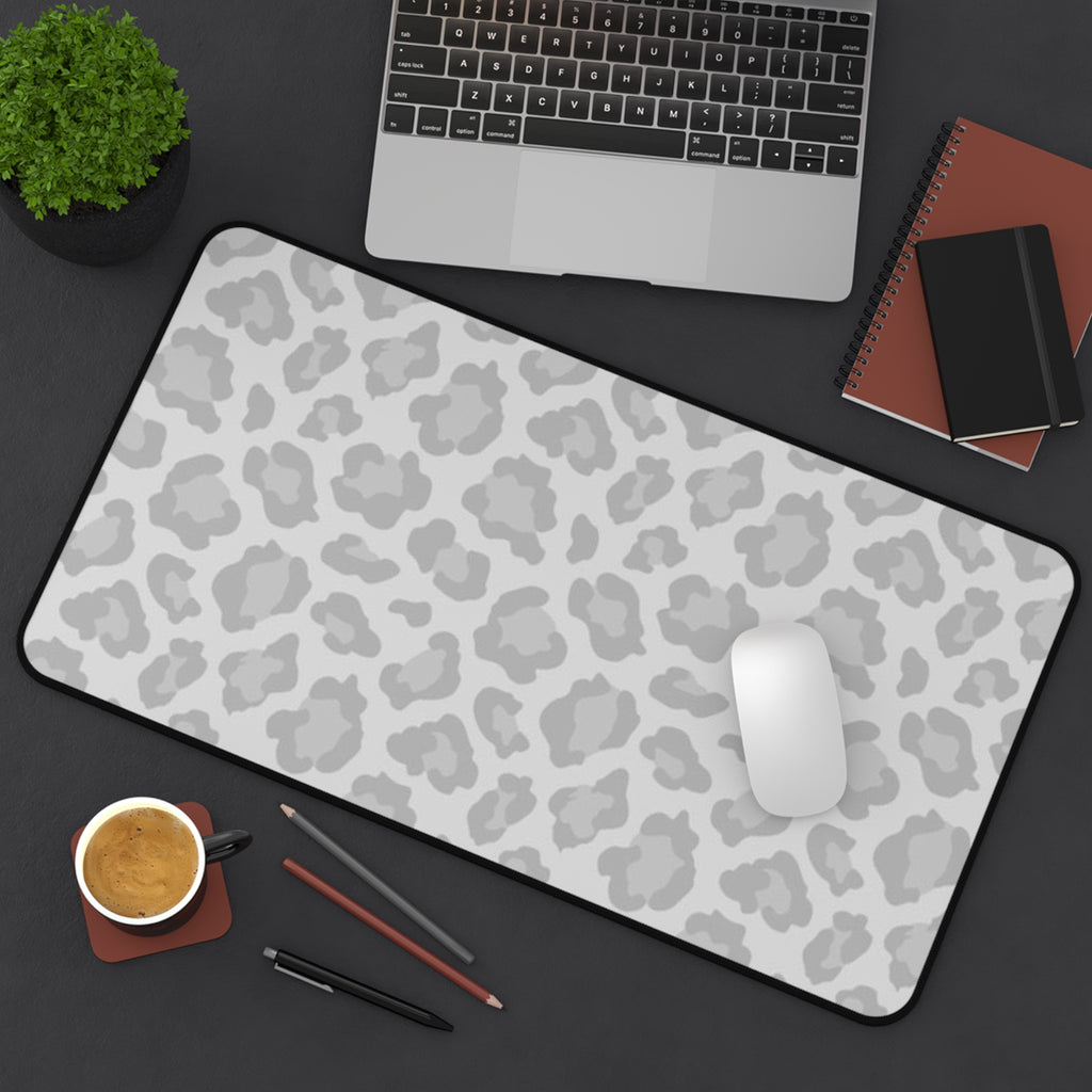 Grey Leopard Print Desk Mat — Neutral Animal Pattern Mouse Pad for Home Office