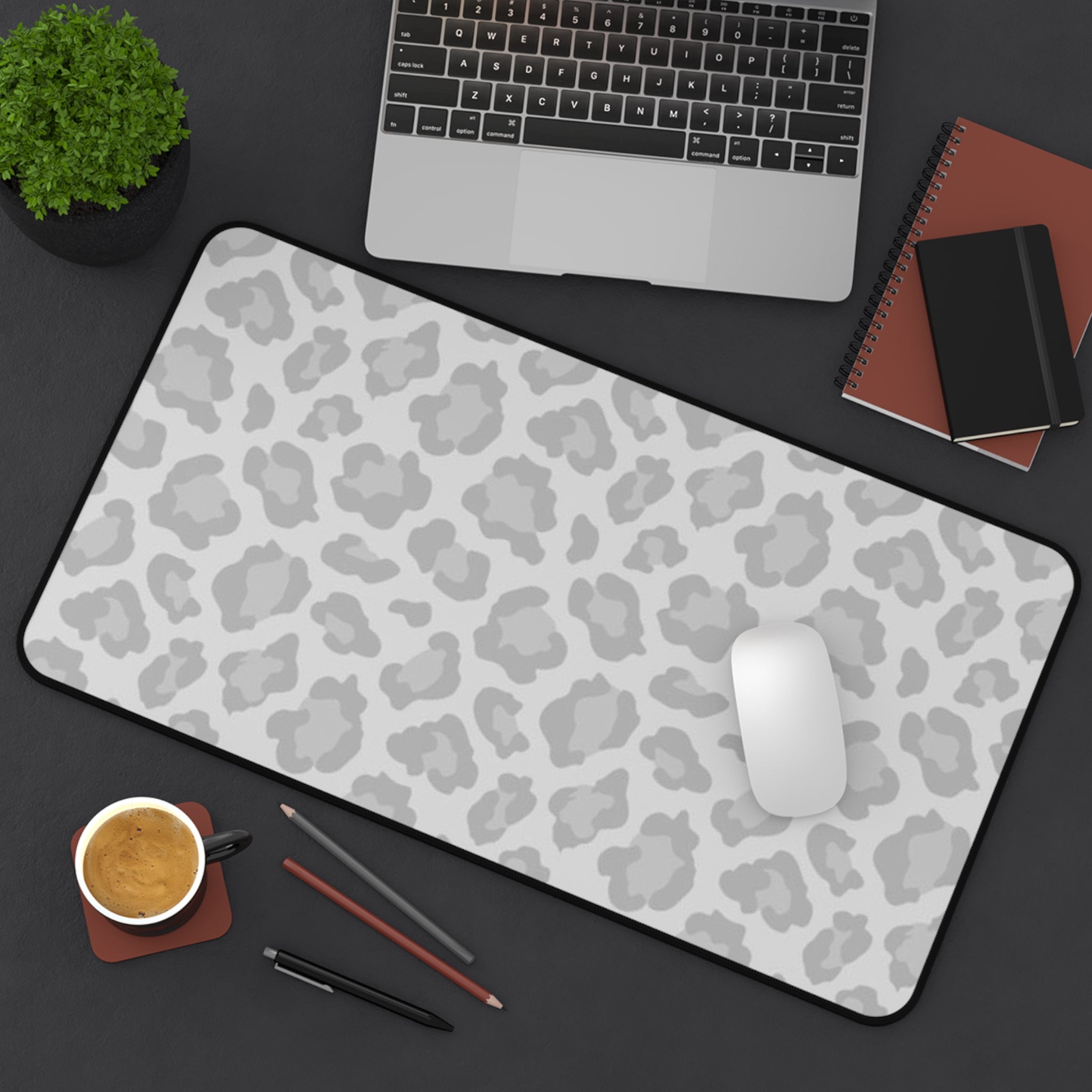 Grey Leopard Print Desk Mat — Neutral Animal Pattern Mouse Pad for Home Office