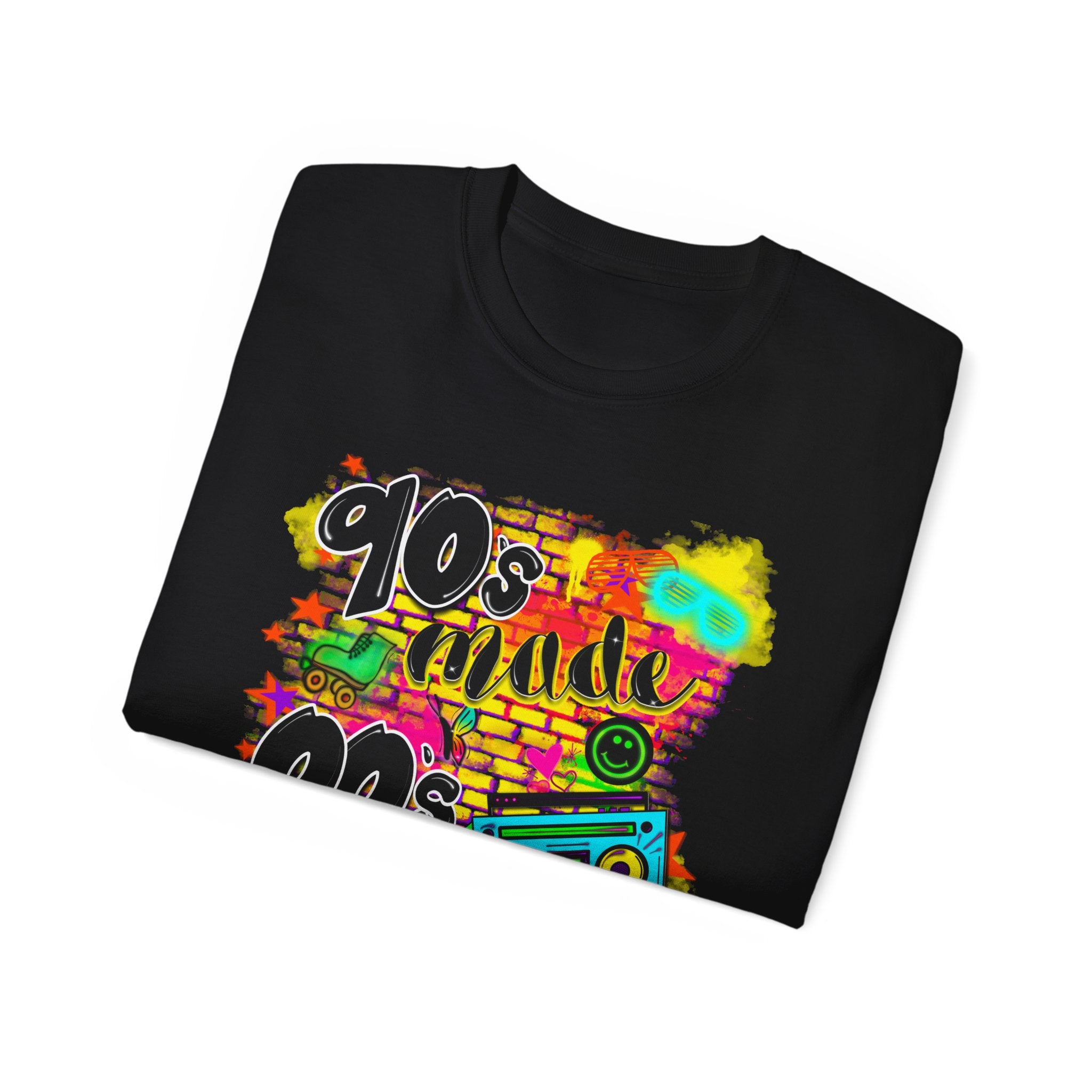 90s Made 00s Raised T-Shirt — Neon Retro Boombox Graphic Tee