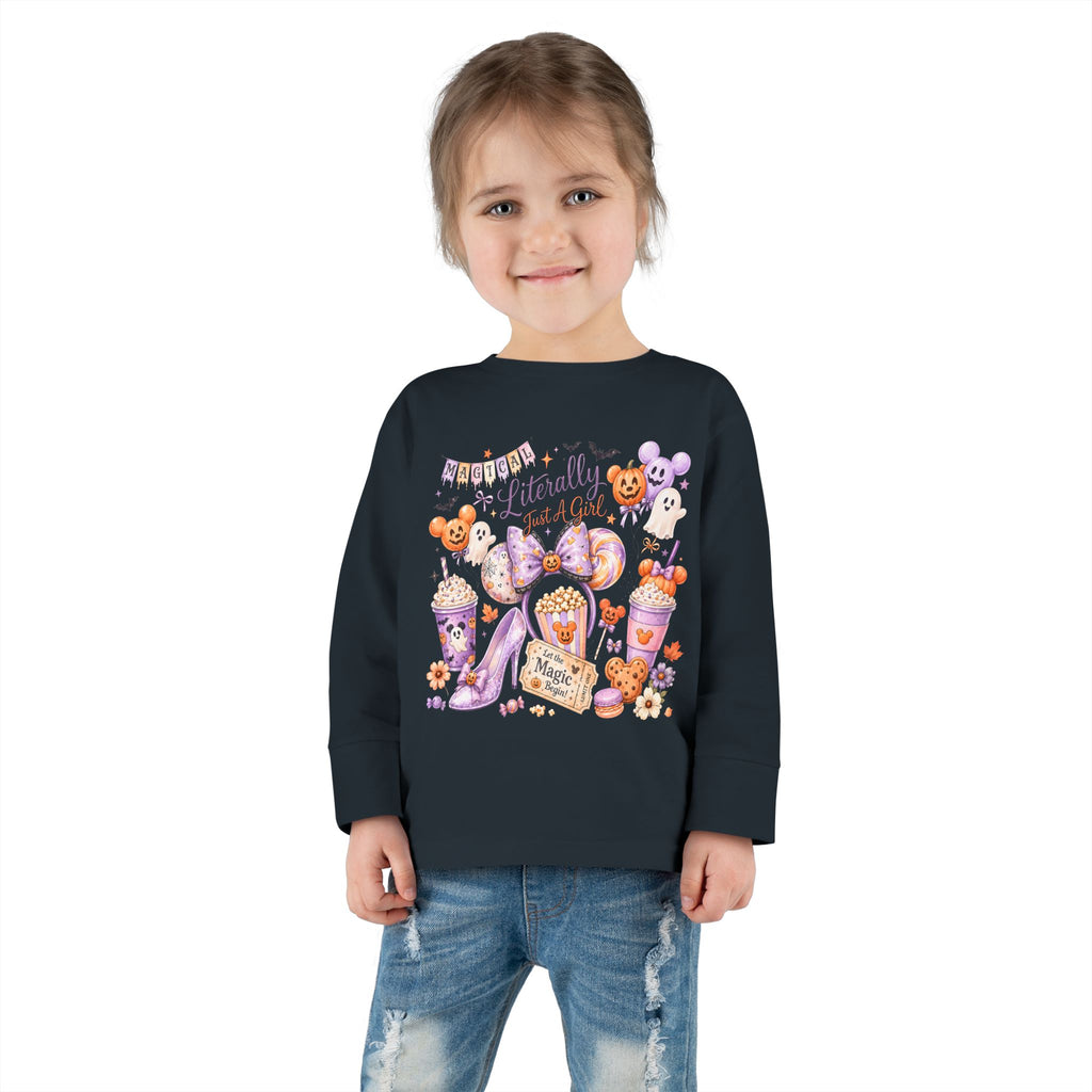 Toddler Long Sleeve Tee — "Pumpkin Spice & Magic" Halloween Minnie Bow Graphic