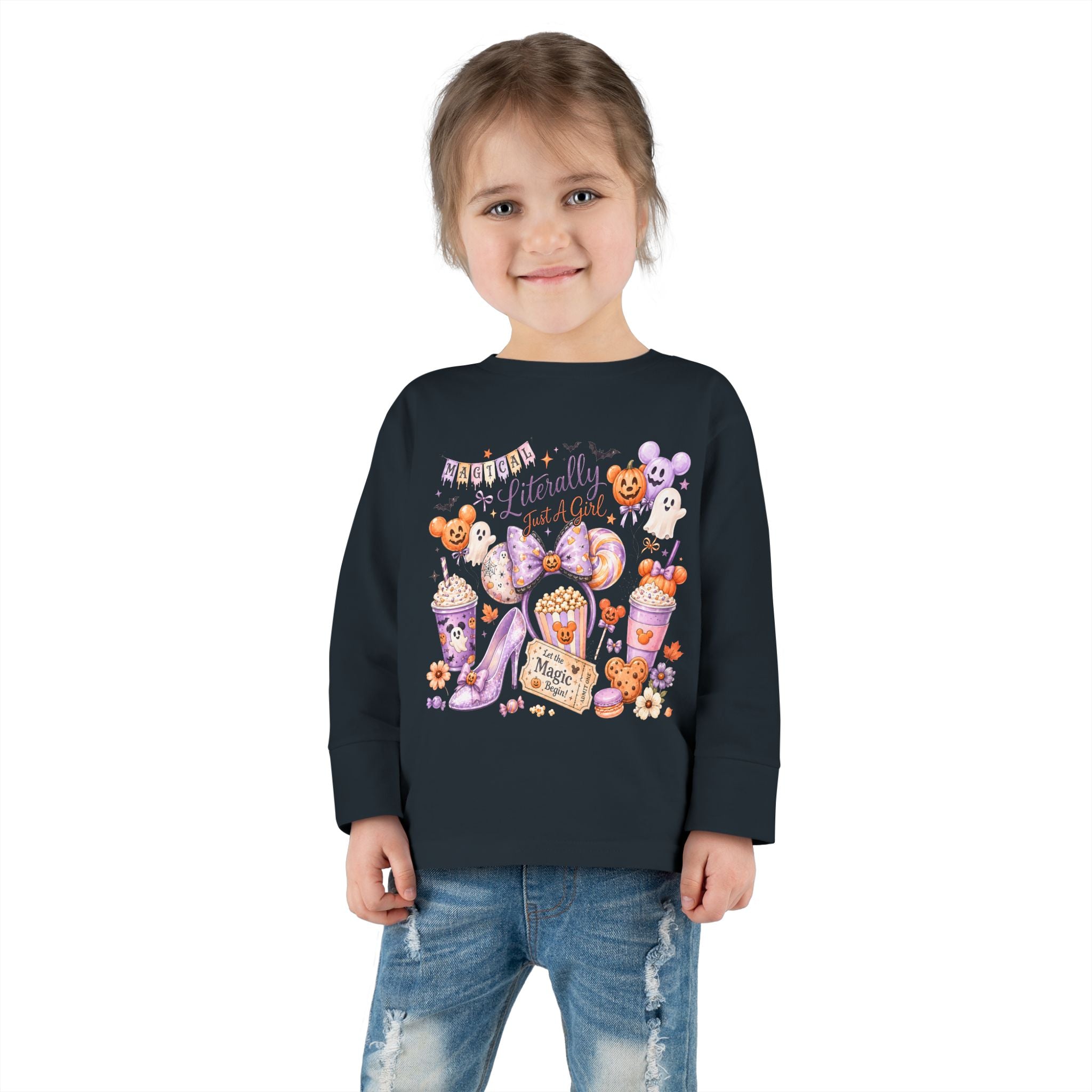 Toddler Long Sleeve Tee — "Pumpkin Spice & Magic" Halloween Minnie Bow Graphic