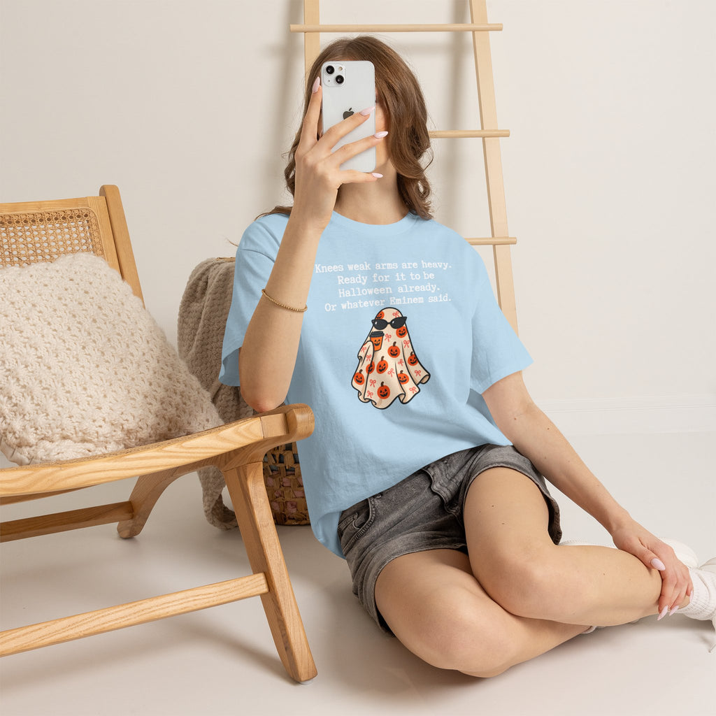 Funny Halloween Ghost T‑Shirt – "Knees Weak Arms Are Heavy" Pumpkin Ghost Tee