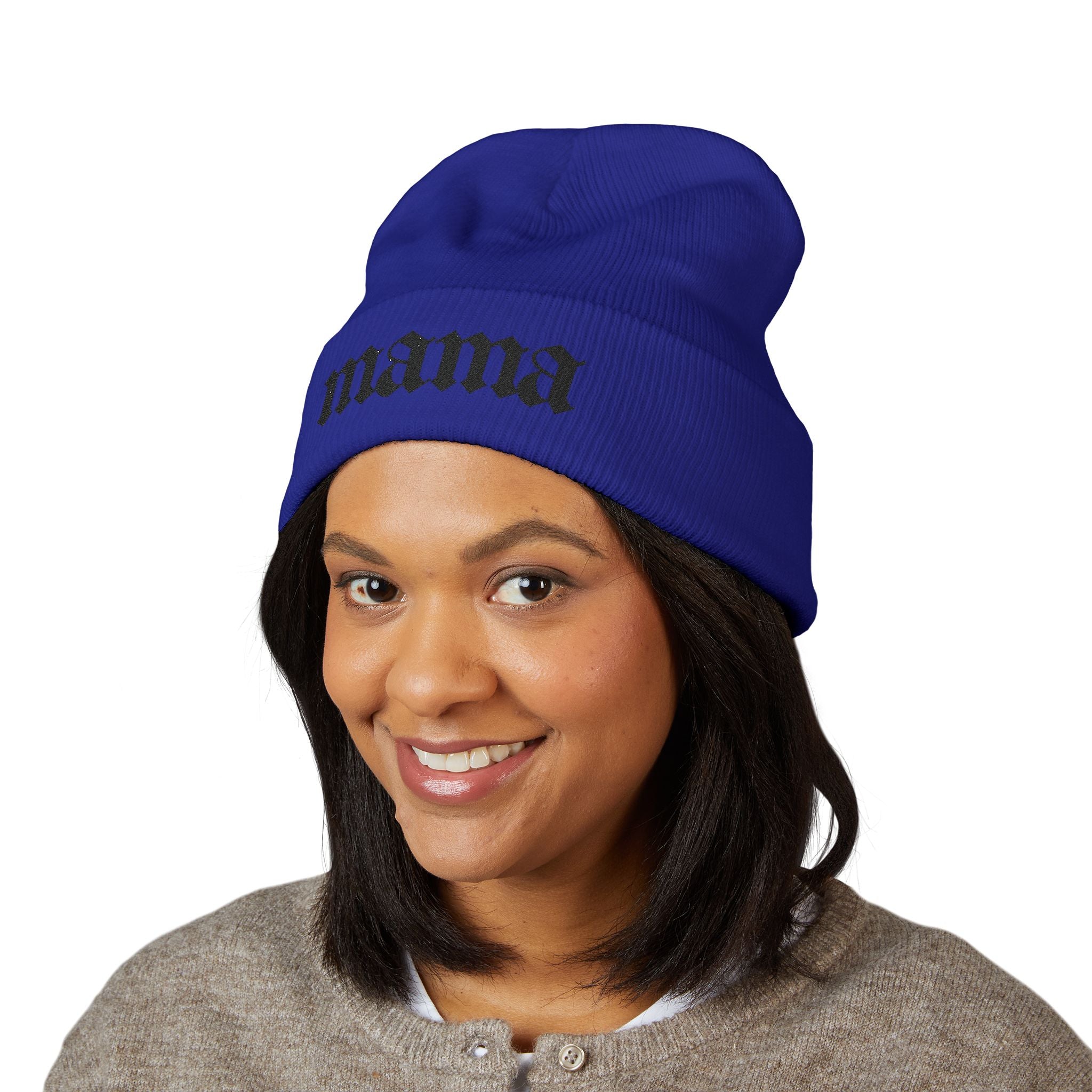 Mama Embroidered Cuffed Beanie — Gothic Script Knit Hat for Moms