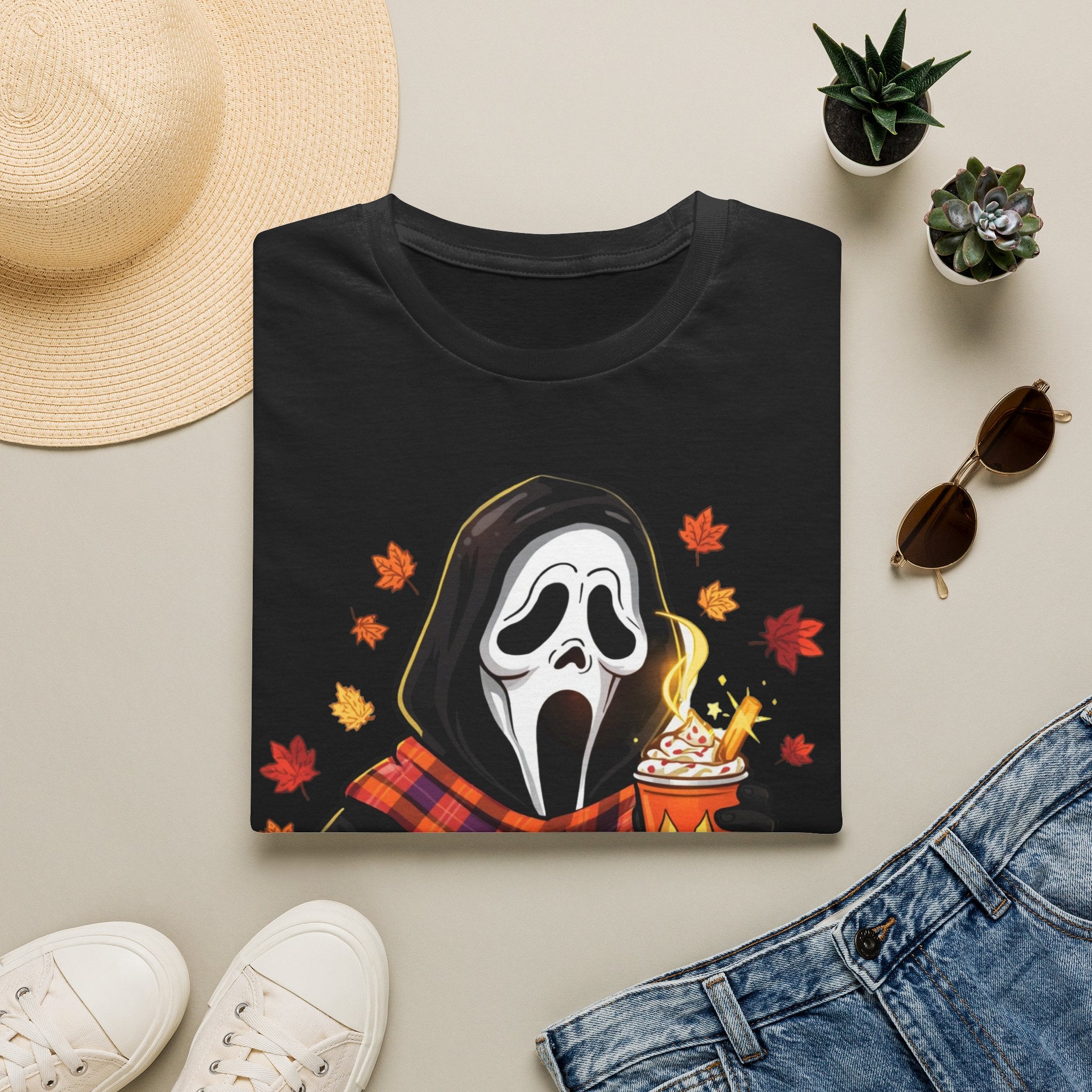 Halloween Scream Mask T‑Shirt — Cozy Fall Pumpkin & Hot Cocoa Graphic Tee